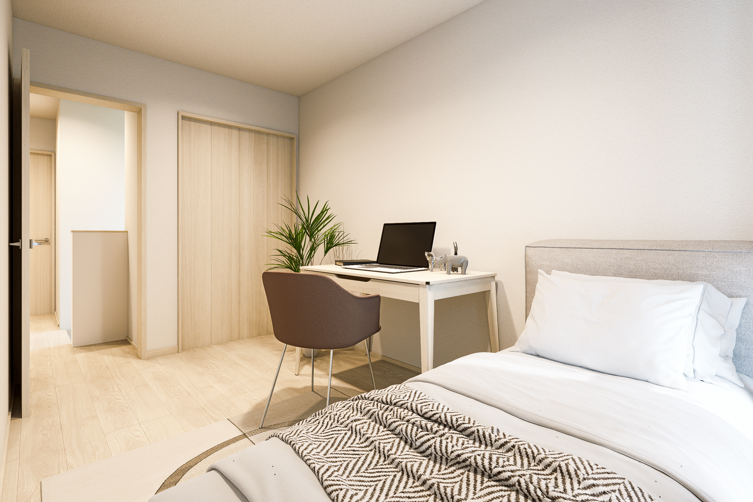 T-2/やさしい色合いに包まれた、静かなプライベート空間。休息と作業、どちらの時間も心地よく過ごせる、ちょうどいい落ち着きがあります。