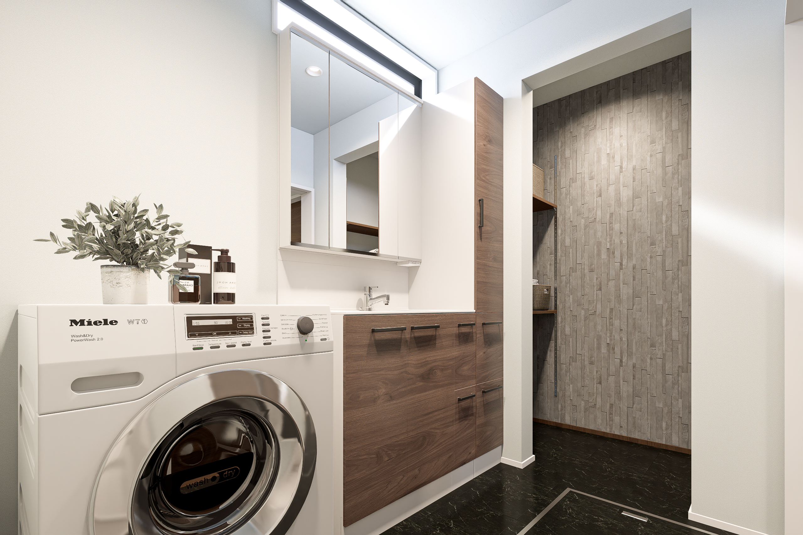 T-7/ワイドで収納力のある洗面台に稼働棚を備えた物入れで収納力バッチリ!あらゆる物がスッキリと収まります。