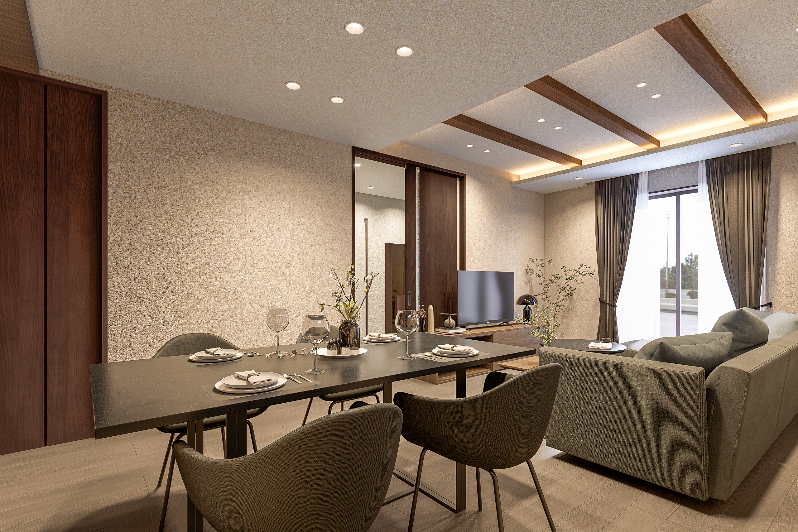 T-3/ゆったりとしたダイニングテーブルで食事をし、大きなソファでくつろぐ。家具を置いてもスムーズな動線が、日々の暮らしを心地よくします。