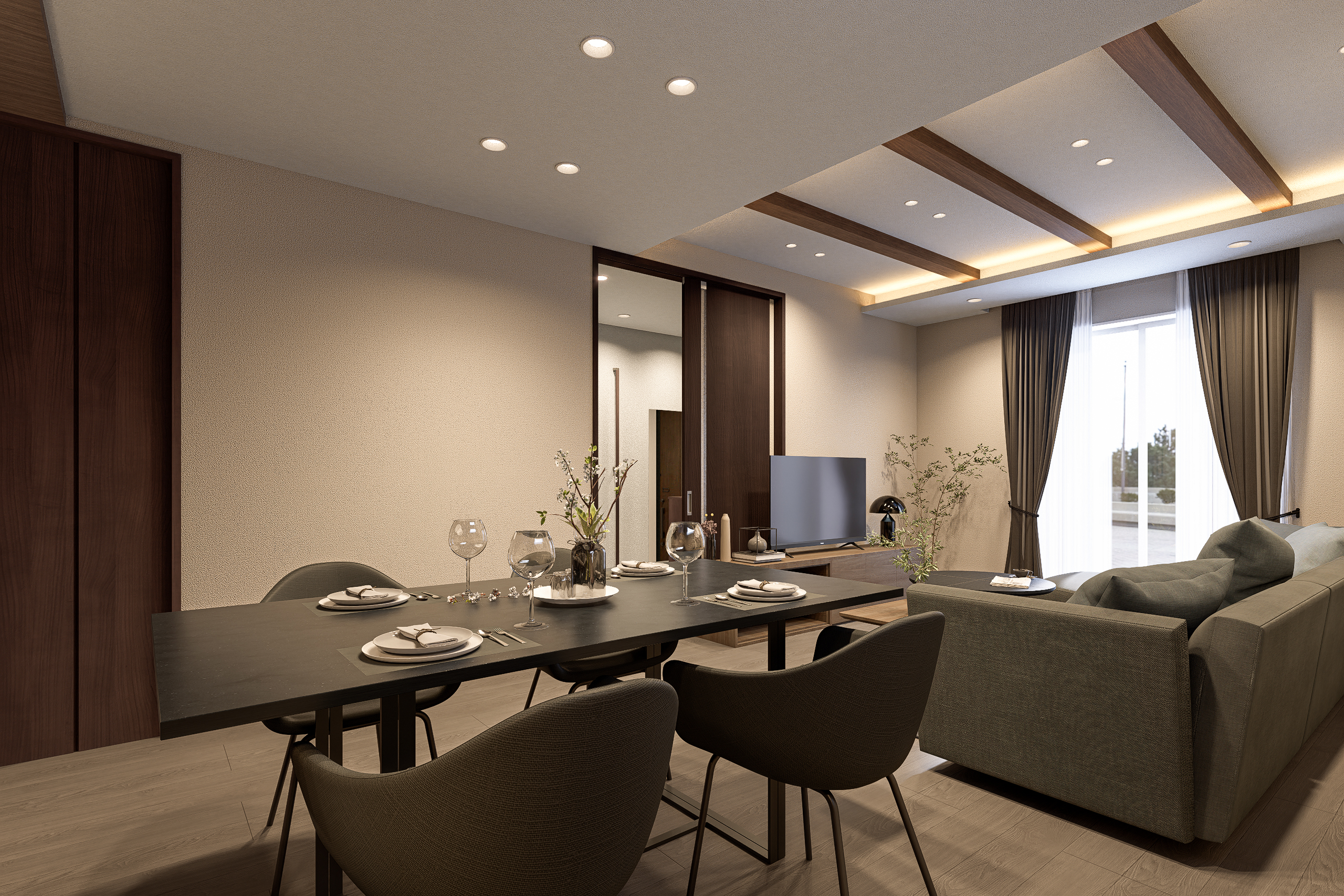 T-3／ゆったりとしたダイニングテーブルで食事をし、大きなソファでくつろぐ。家具を置いてもスムーズな動線が、日々の暮らしを心地よくします。