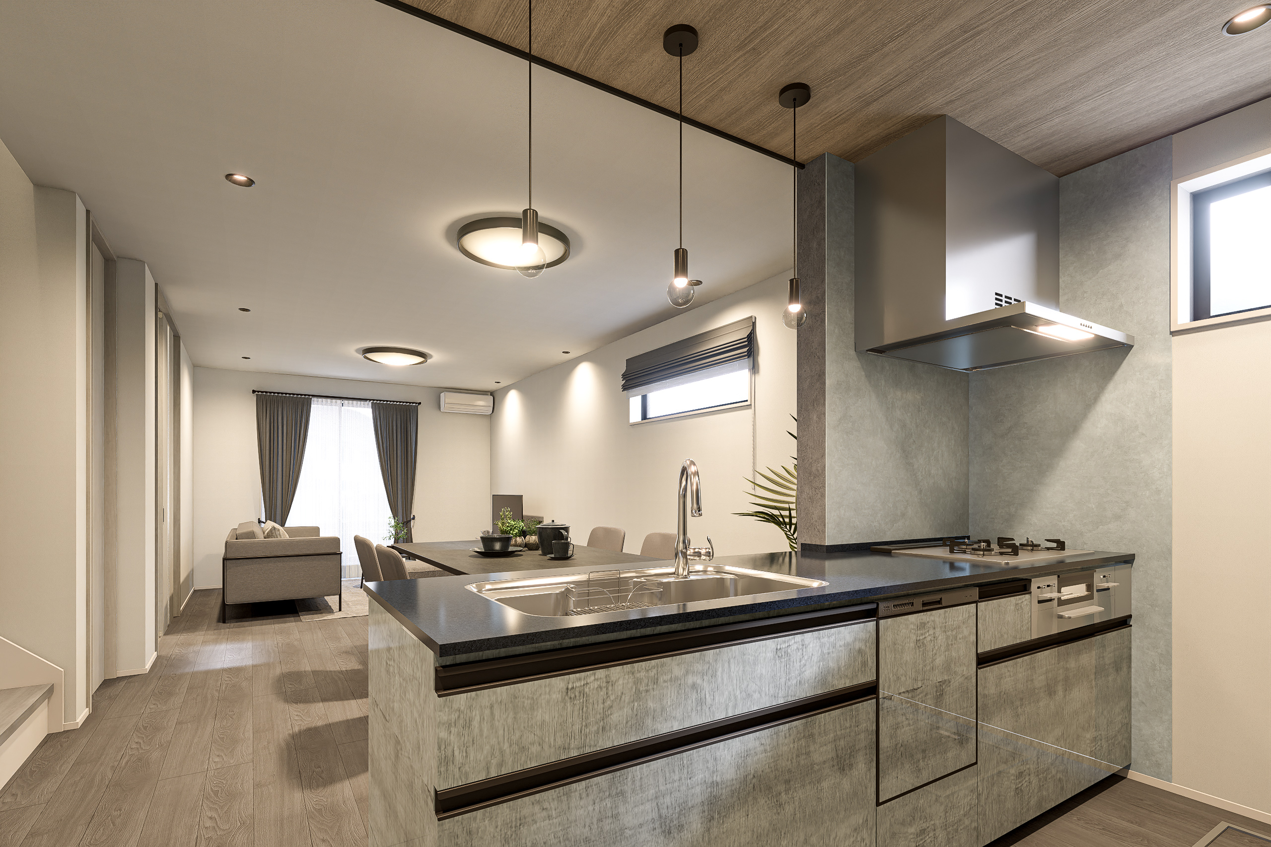 T-5/大容量の収納を備えたキッチンは、食器洗い乾燥機やガラストップガスコンロ搭載でお料理や後片付けも楽々!