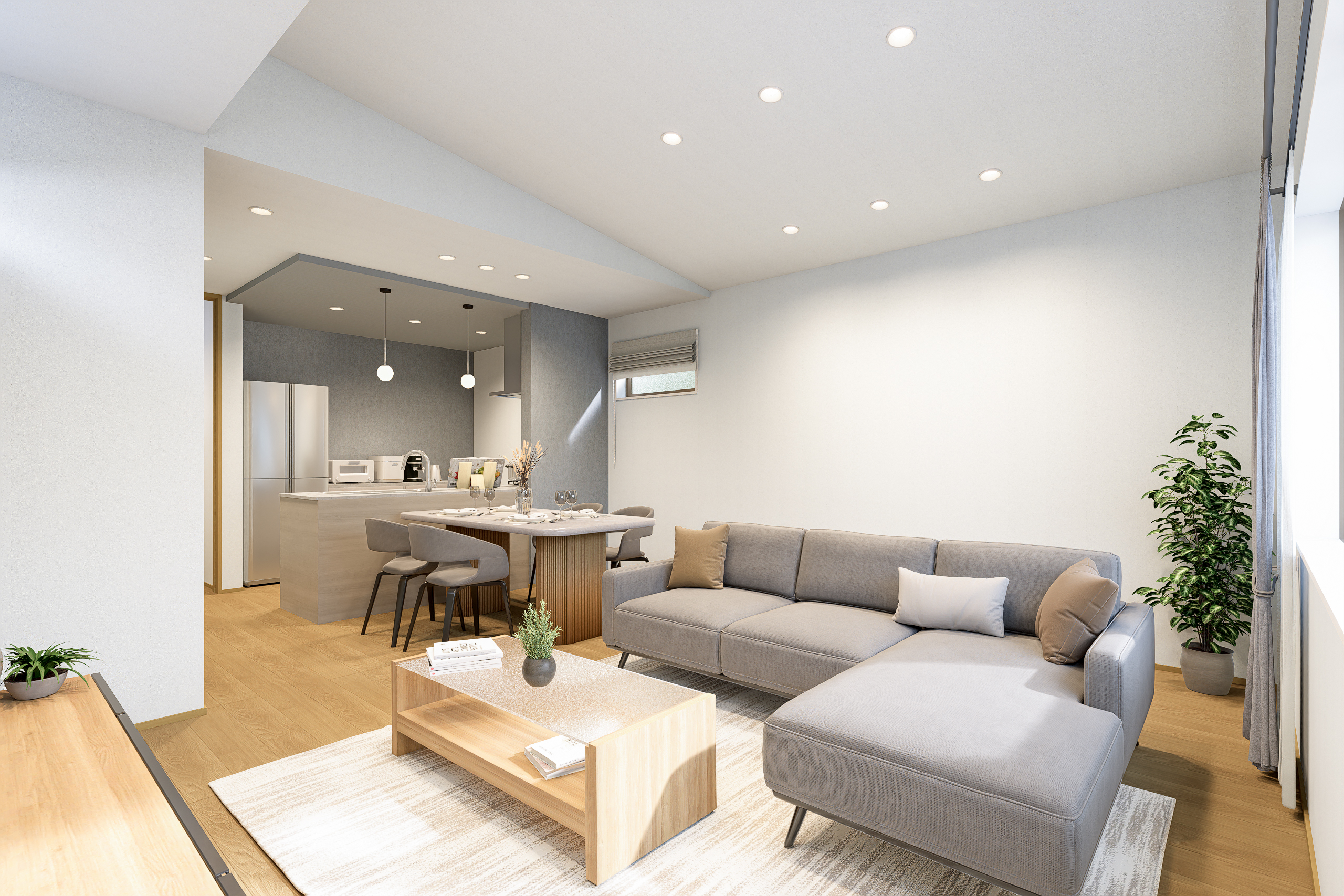 T-4／ナチュラルオークの柔らかな質感が心地よいLDKは、優しいグレーを取り入れてスタイリッシュに。