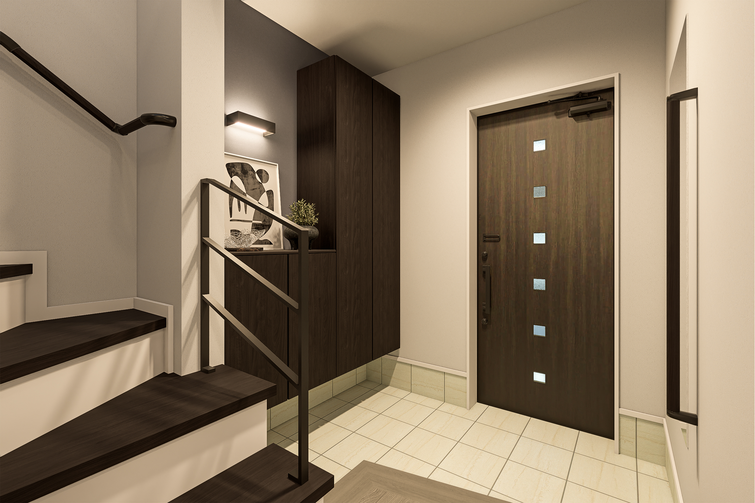 T-1／玄関収納はフロートタイプで足元に抜け感をプラス。ポケットキーを搭載した玄関扉で通風・防犯似配慮。