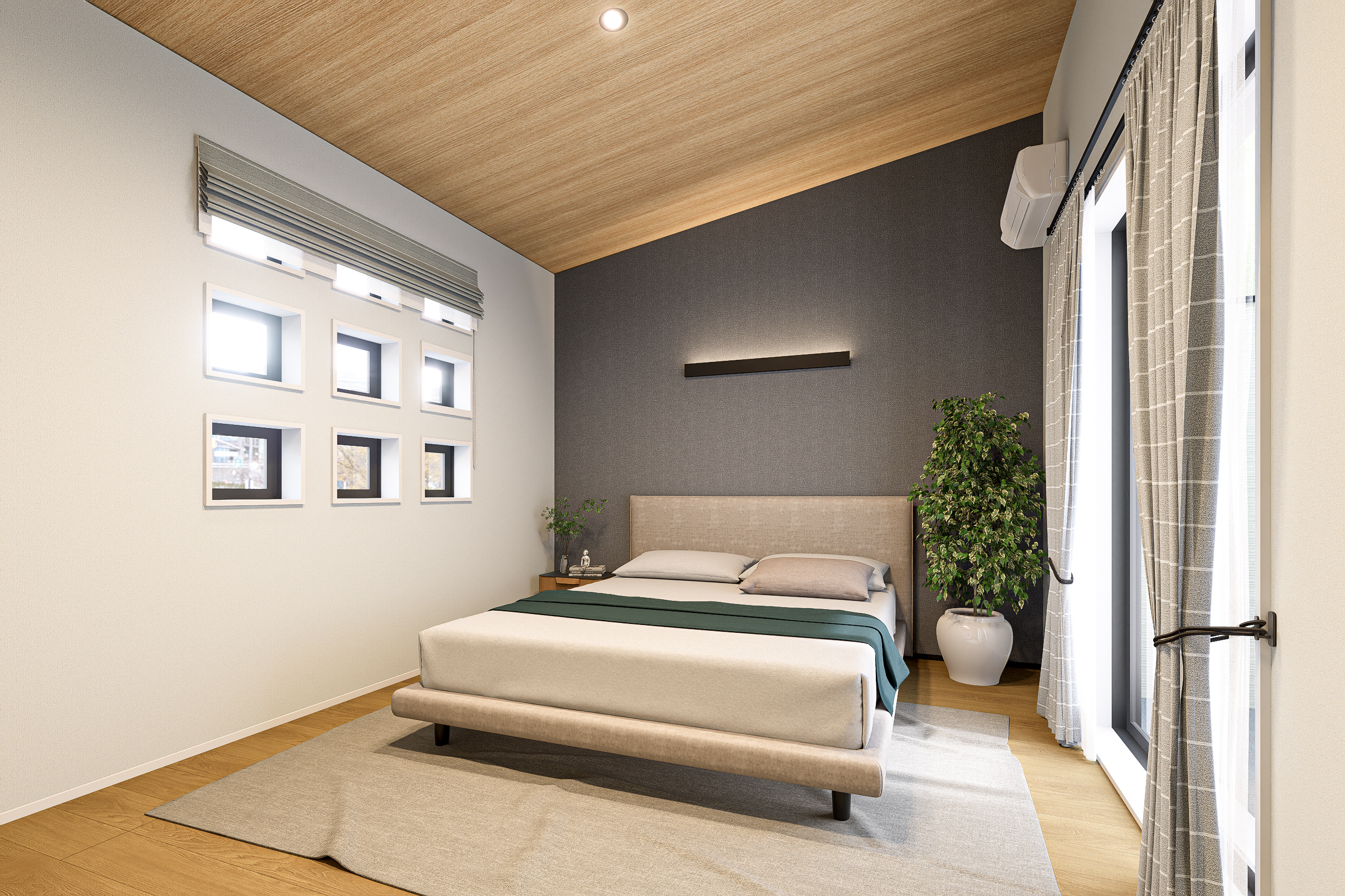 T-3／主寝室は南側にデザイン性の高い窓を配置して採光に配慮。強すぎる陽差しを抑えつつ自然光を取り込みます。