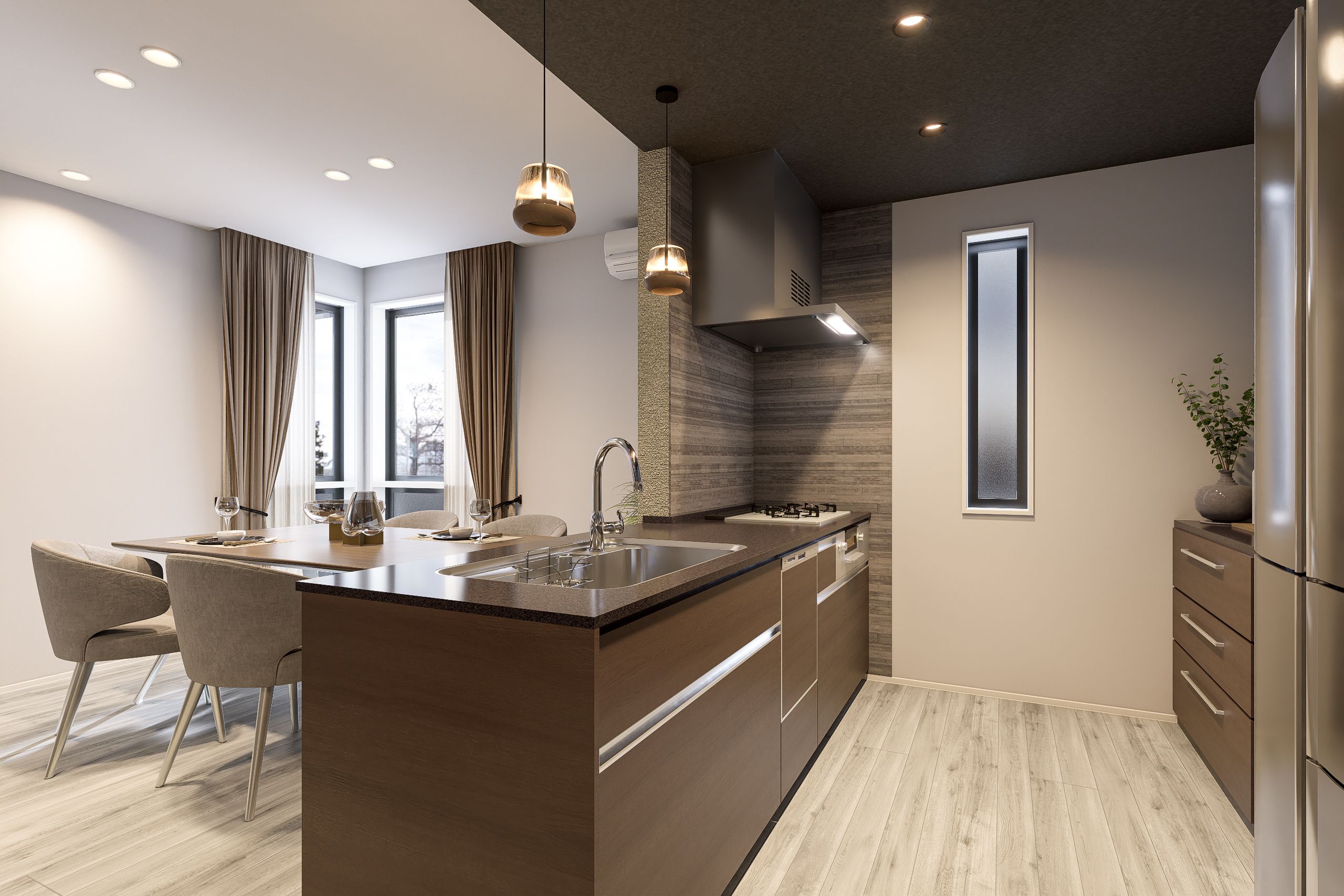 T-1／クリナップのキッチンは、カウンタートップにフィオレストーンを使用して洗練されたキッチン空間を演出。