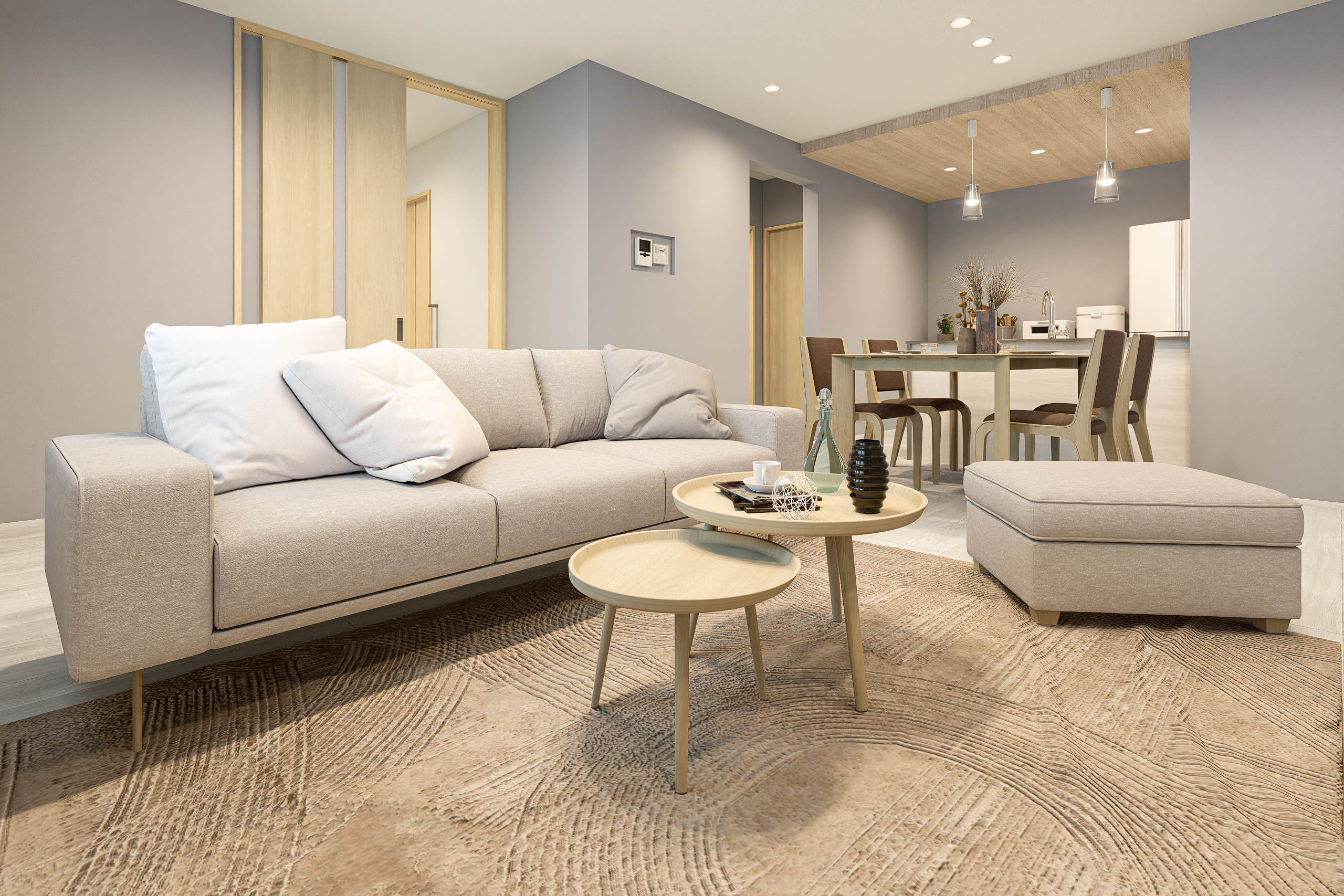 T-3/ナチュラルなベージュカラーと淡いグレーのコントラストで包み込む、柔らかなで心地よさが続く空間。