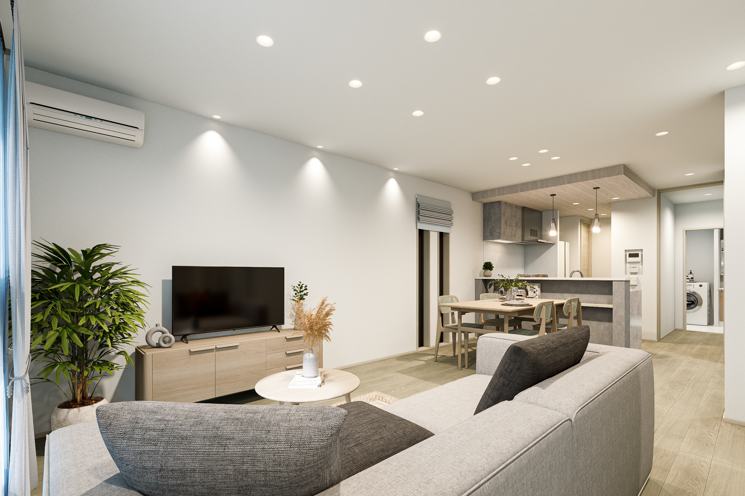 T-4／リビングには集光型を、ダイニングには拡散型の照明を使用することで効果的に空間を照らします。