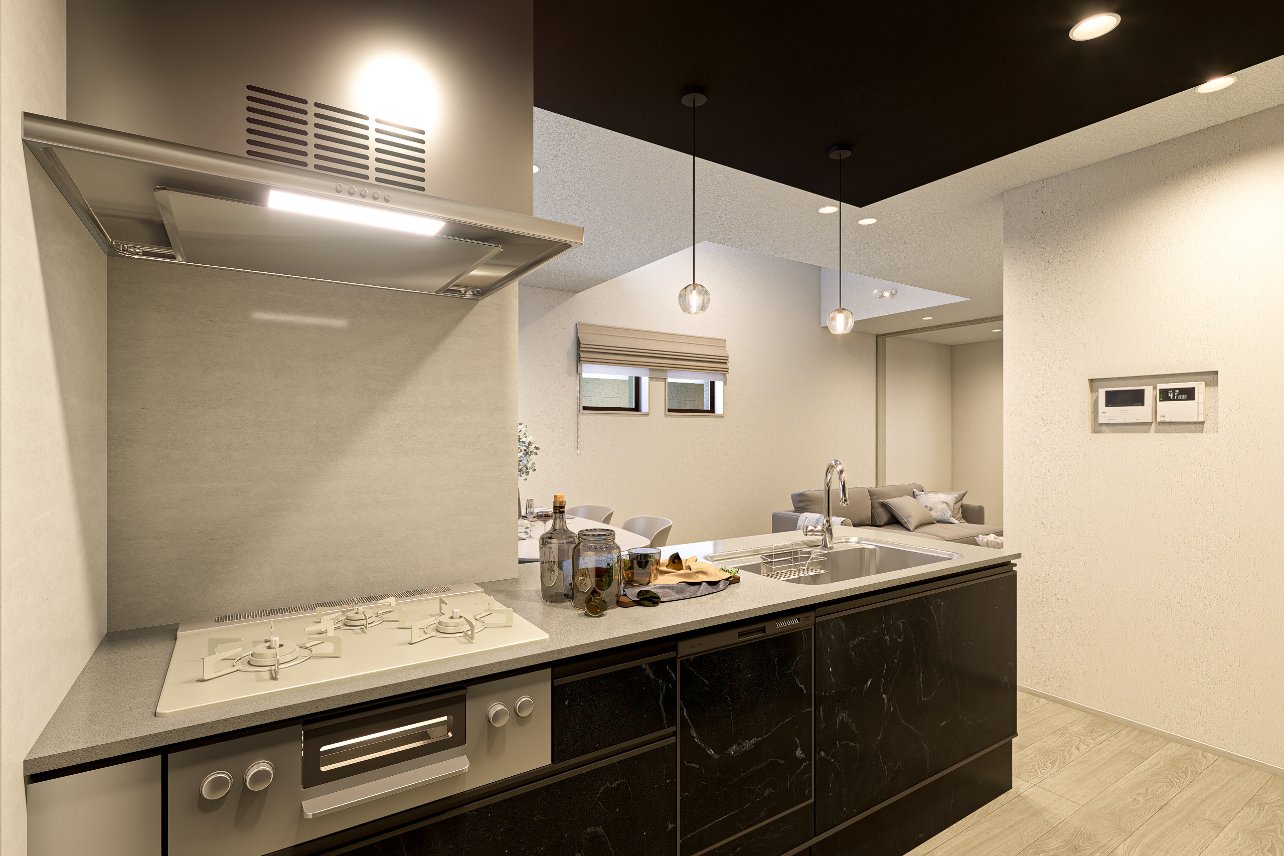 T-2/キッチンから広がる、上質で快適な生活リズム。シックなカラーと整った設備が、料理の時間に豊かさを添えます。