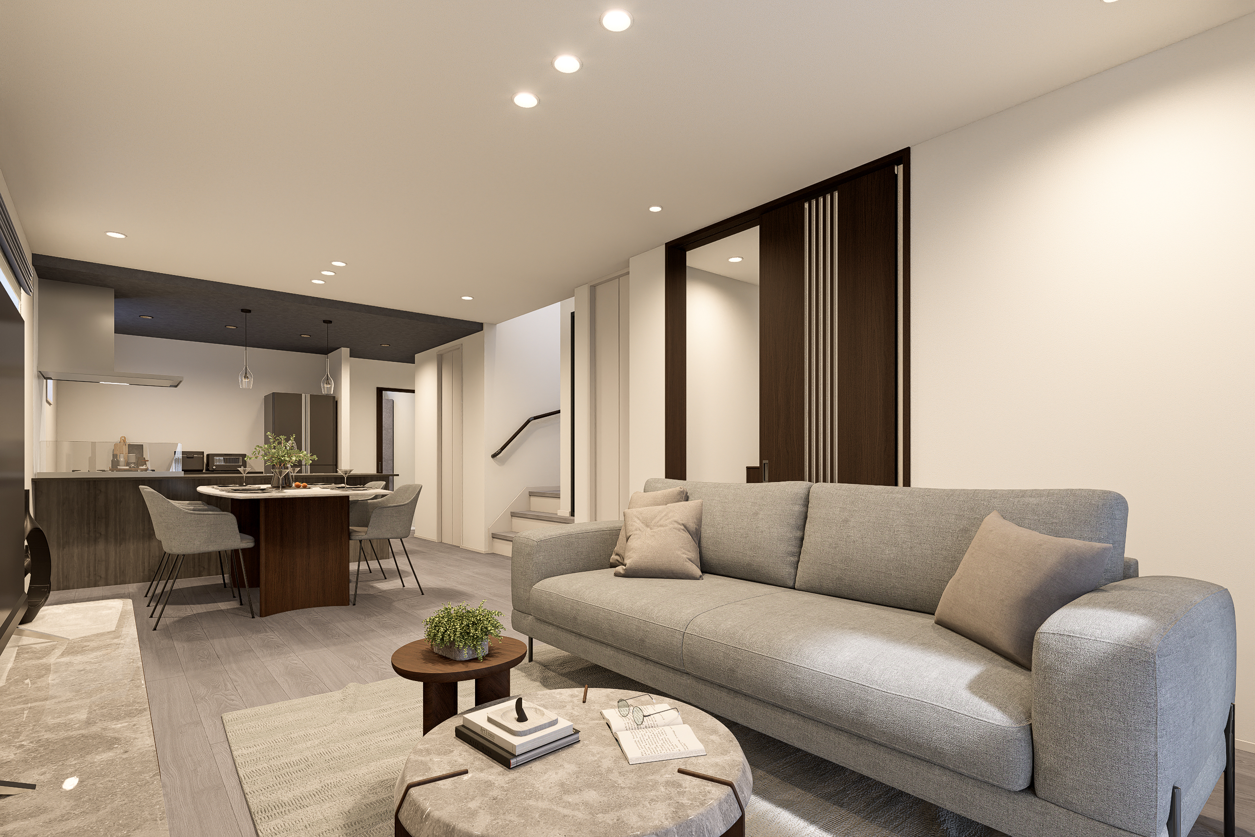 T-1／幅広い年代層に受け入れやすい、穏やかで落ち着きのあるLDK。リビング階段＆吹き抜けで開放感をプラス。