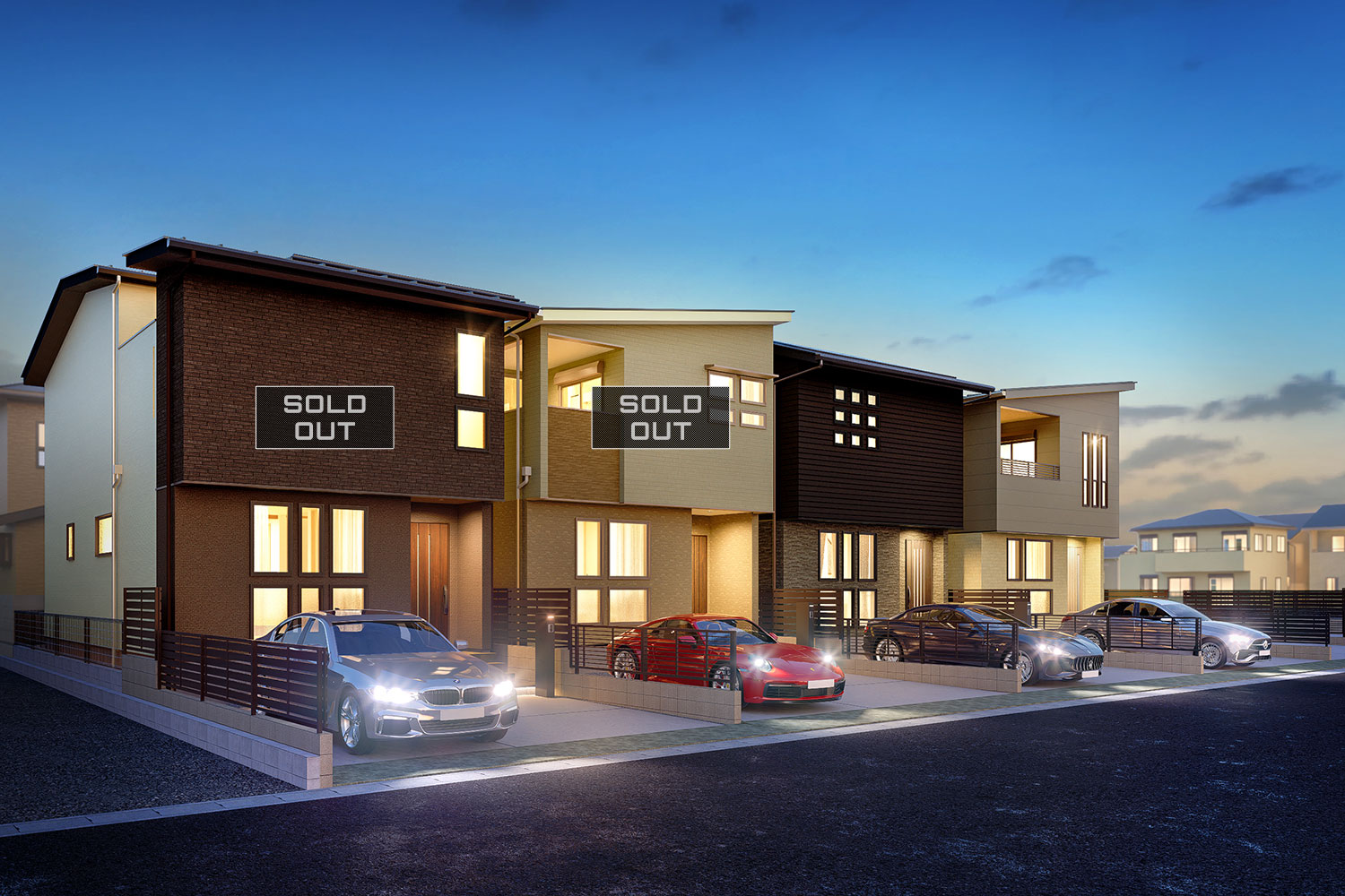 T-1（ご成約済み）、T-2（ご成約済み）、T-3、T-4／夜間外観完成予想図