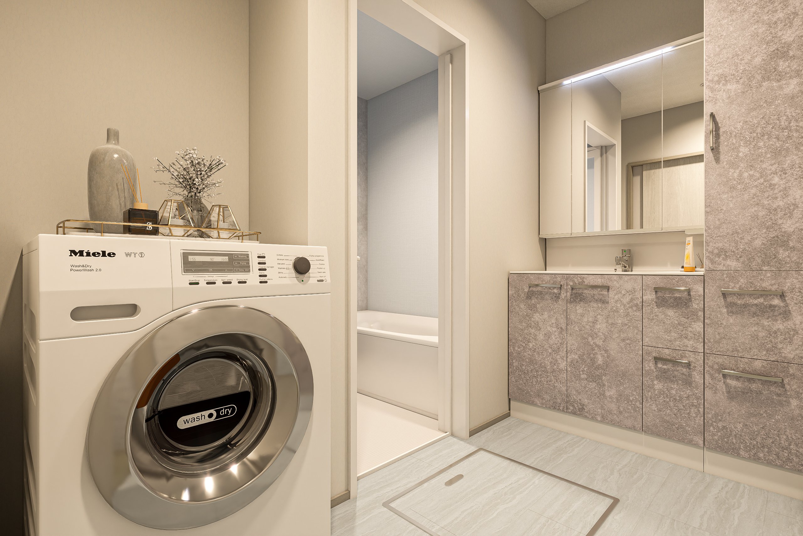 T-3/カブルグレージュのシックな洗面台をセット。サイドキャビネットを備え、タオルや着替えもスッキリ収納可能。