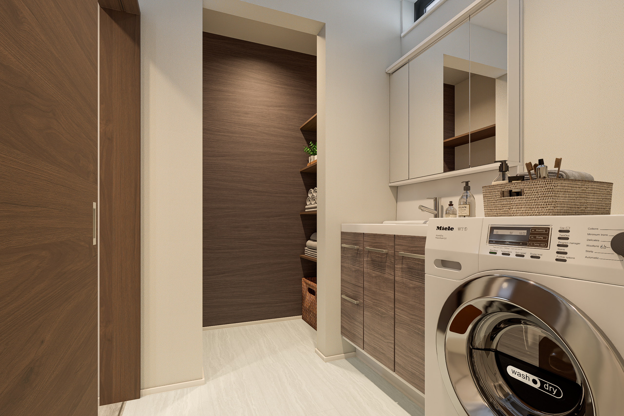 T-1／物入れを併設した洗面脱衣所は、900幅の洗面台や洗濯機がゆったりと置ける広々設計。