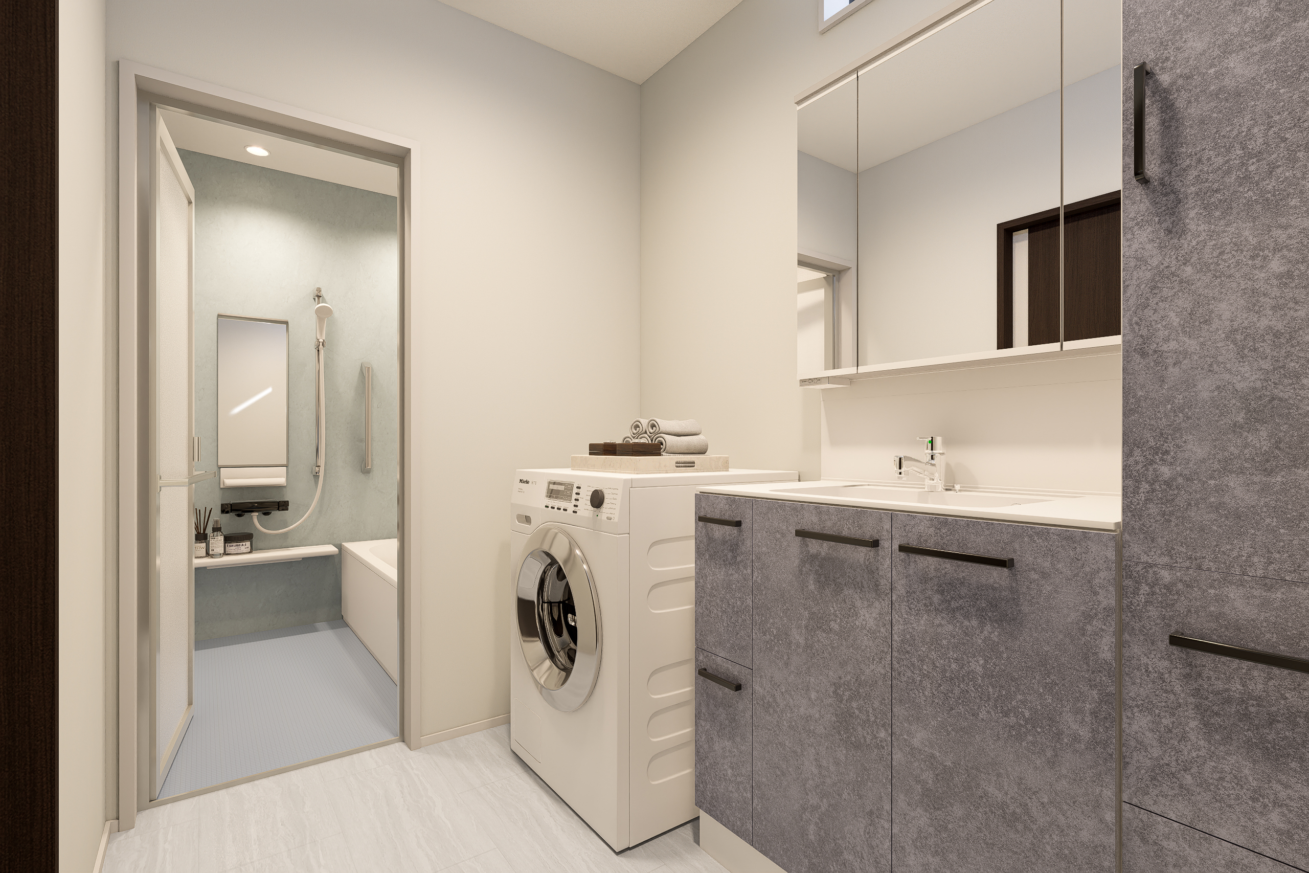 T-1／お手入れも簡単なカウンターボウルに、切り替えが簡単で節水効果のある水栓を搭載したワイドな洗面台をセット。