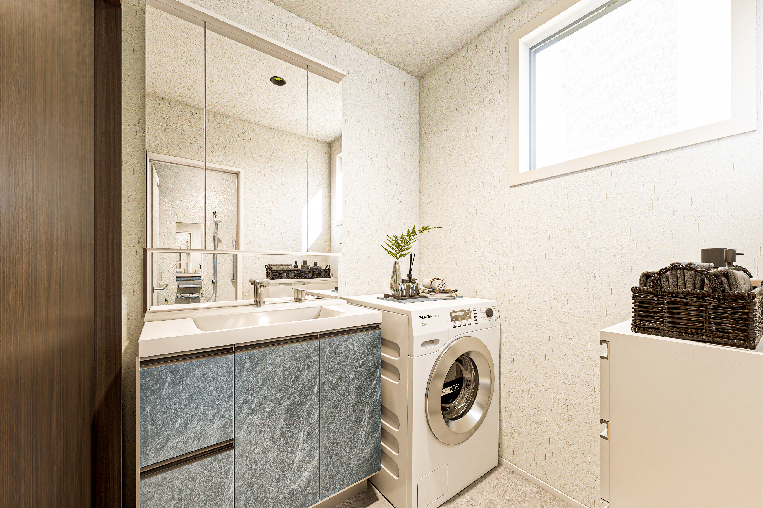 T-1/家事と身支度がスムーズに進む、使い勝手のよいサニタリー。落ち着いた色合いが、忙しい日にも穏やかな時間を届けてくれます。