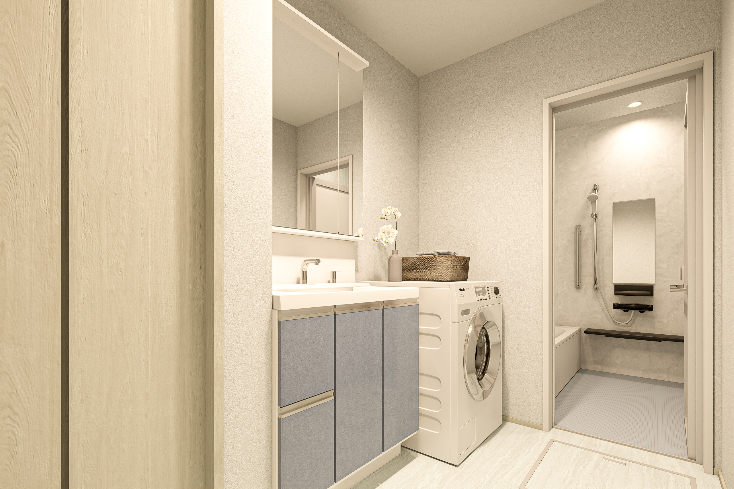 T-2/洗う、整える、身支度をする、そのすべてが自然につながる空間。清潔感と上品な色合いが、毎日のルーティンをより快適に彩ります。