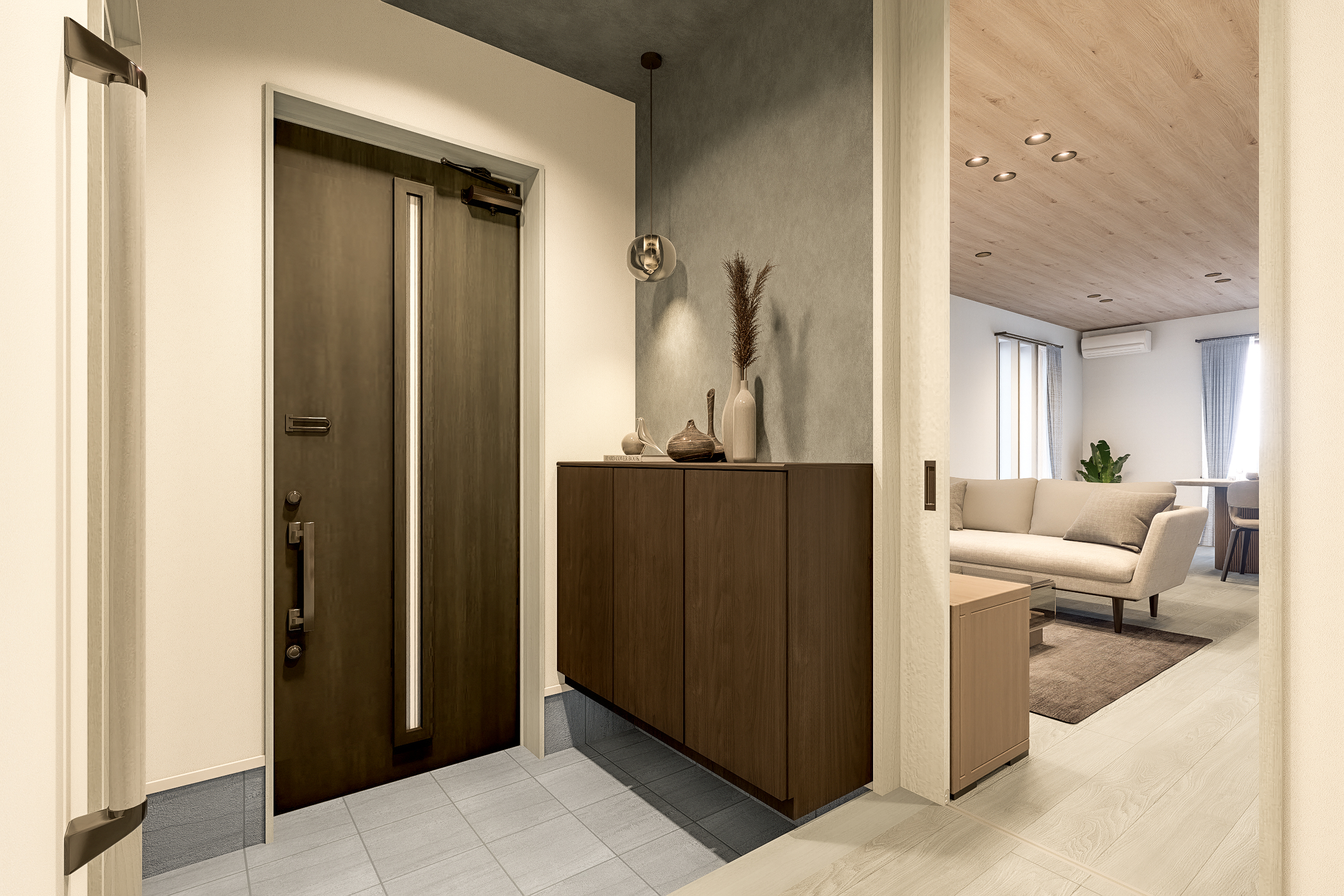 T-1/控えめな石の流れ目が特徴のタイルを使用し、上品で落ち着いた雰囲気を演出。SICが併設されています。