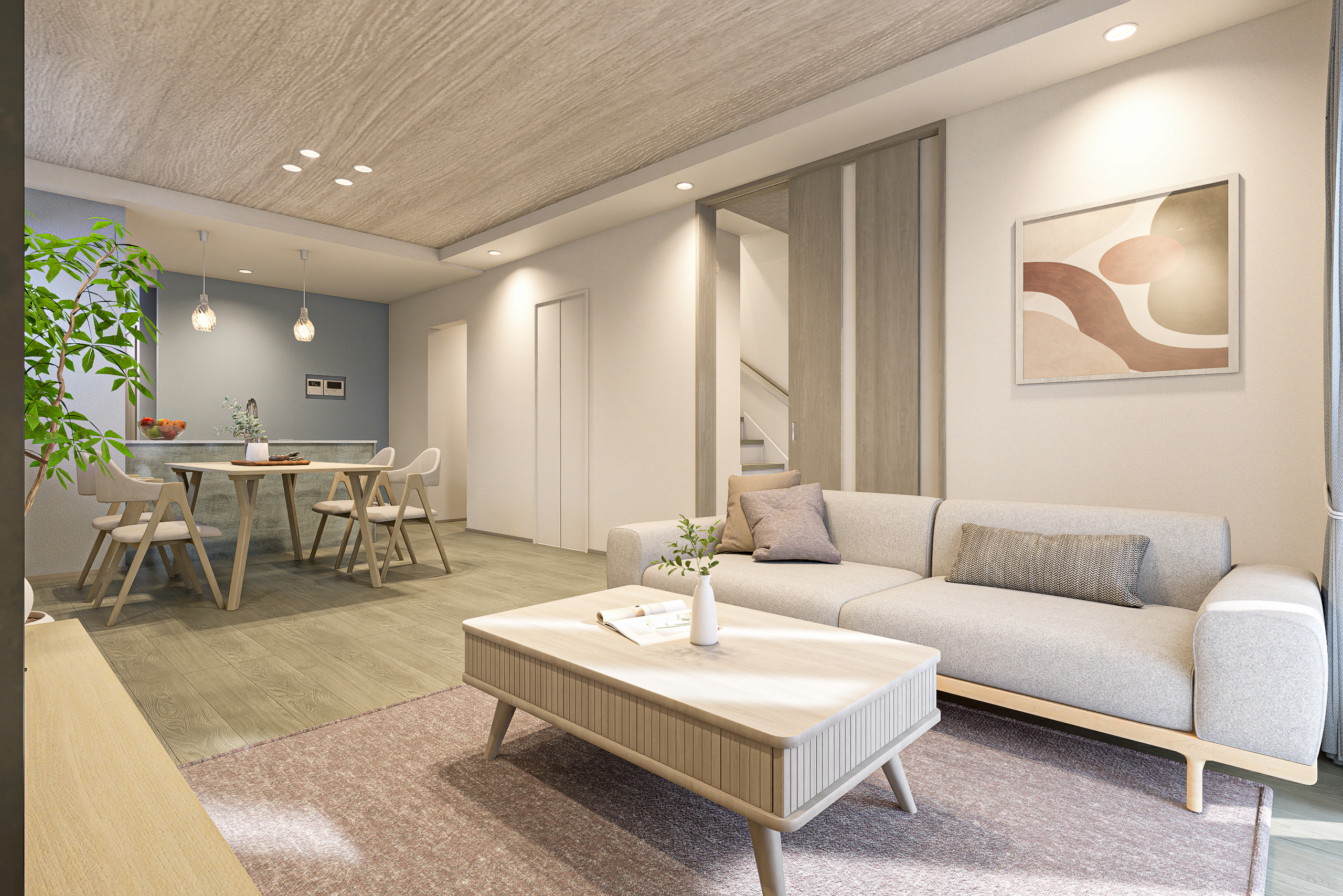 T-3/19.1帖のゆとり溢れるLDK。グレージュカラーのフローリングが、空間に上質な木の温もりを届けます。