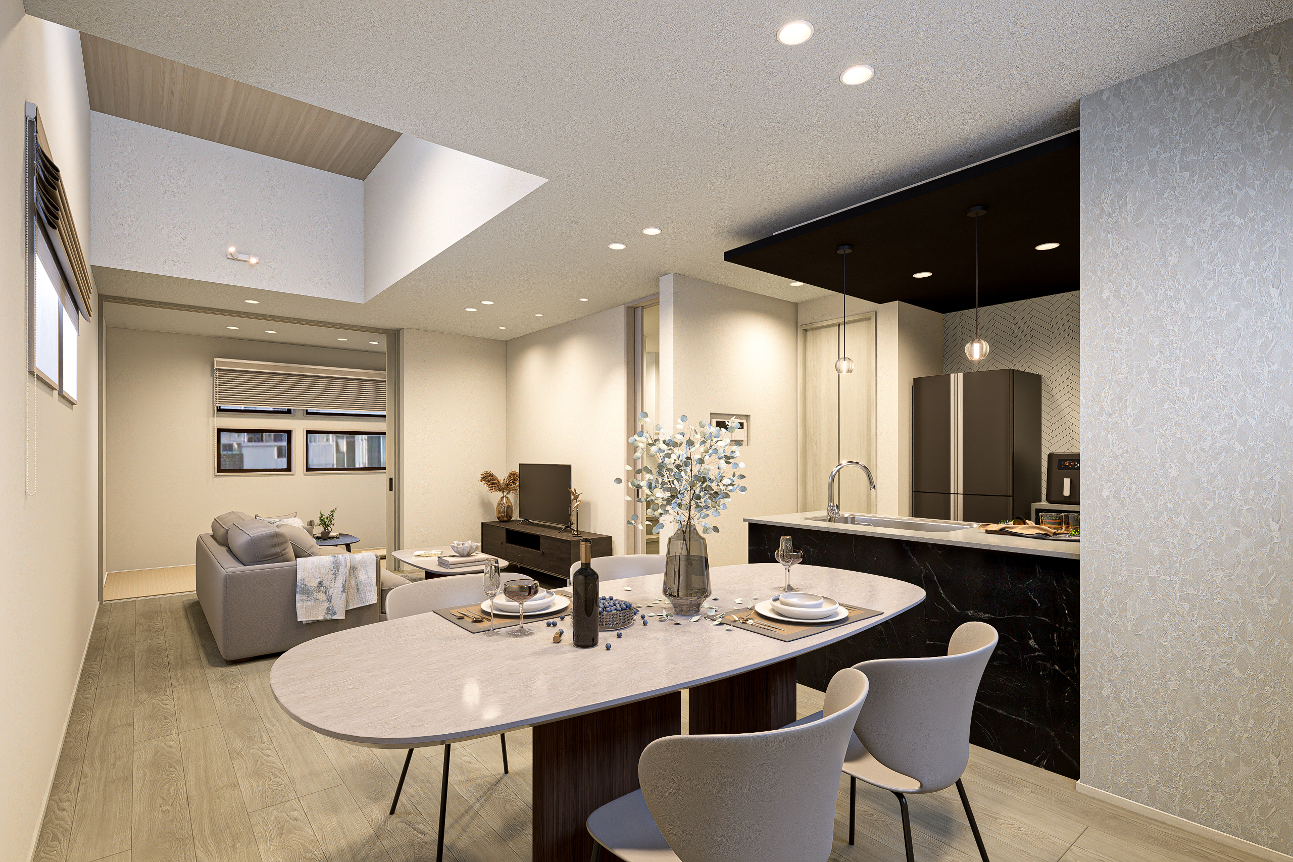 T-2/広がりのあるLDKで、ゆったりとした暮らしを。ダイニングの上品なアクセントと吹き抜けの光が、心にゆとりを生み出します。