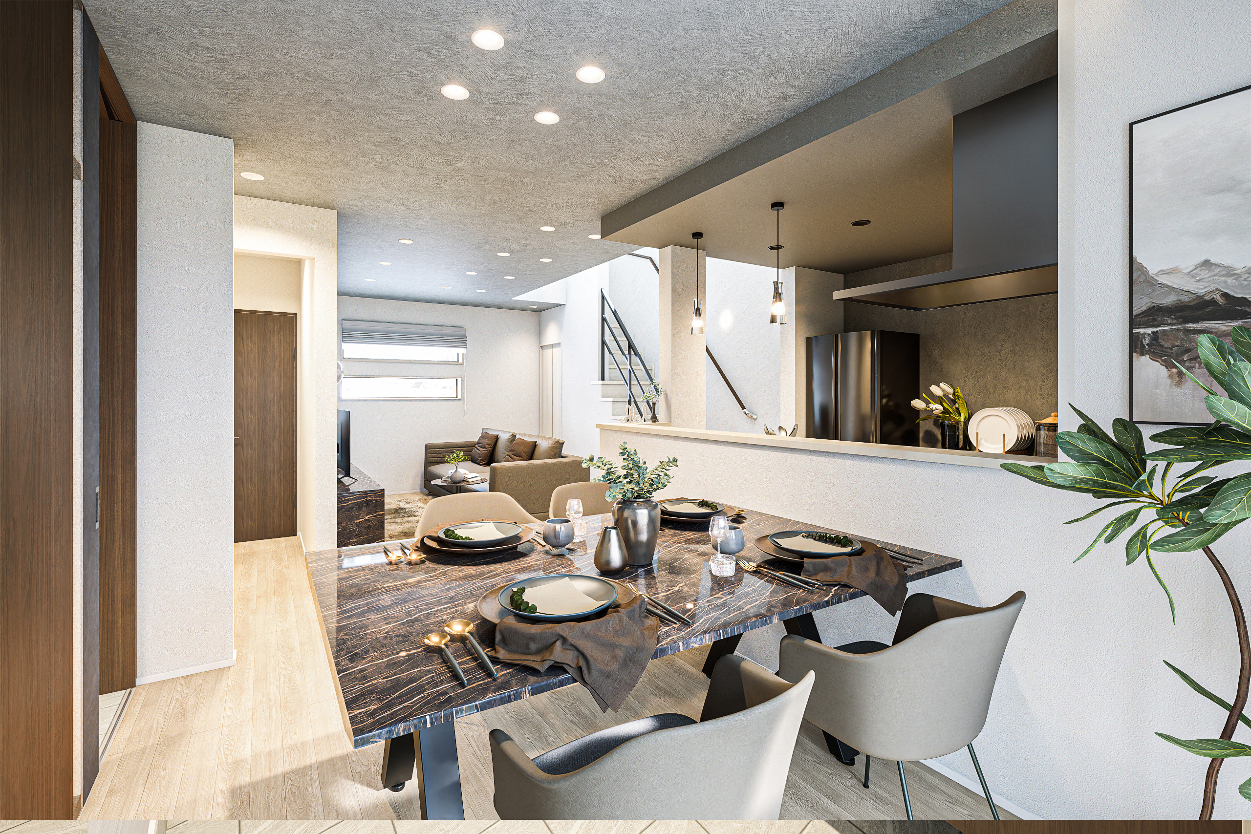 T-1/くつろぎと洗練がひとつになったリビング。柔らかな光と落ち着いた色合いが、暮らしに上質な余白を生み出します。