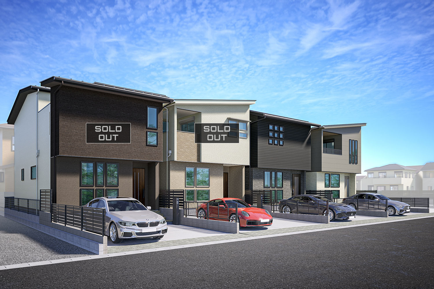 T-1（ご成約済み）、T-2（（ご成約済み）、T-3、T-4／外観完成予想図