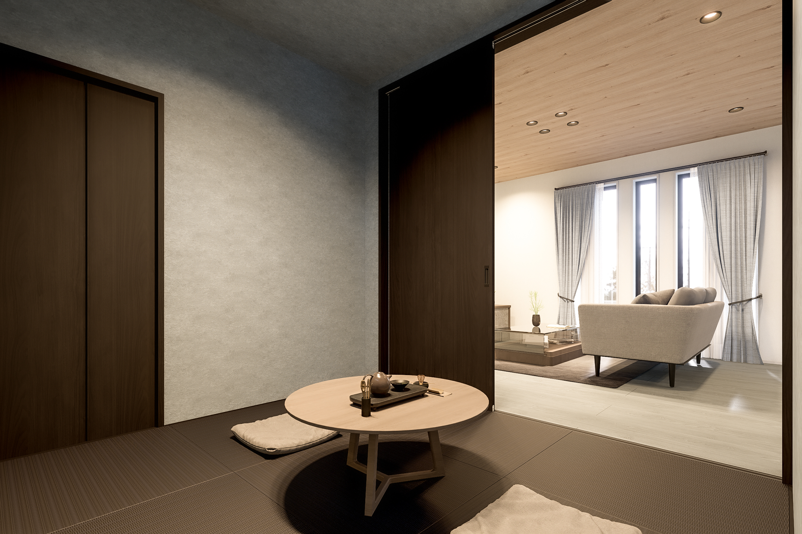 T-1/へりなしの畳でモダンな印象をプラスした和室。栗色のディープなカラーが格調高いワンランク上の空間を演出。