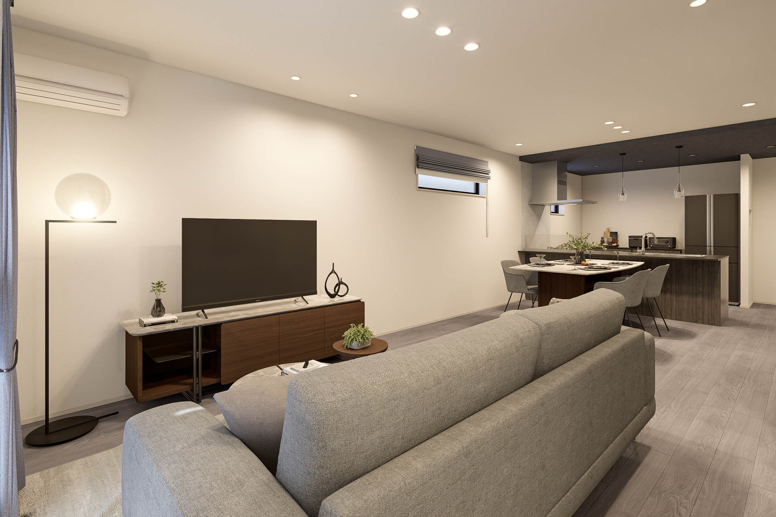 T-1／20.8帖のLDKには一面に床暖房を設置。広々とした空間ながら足元から温めてくれるので、冷え込む日も快適！