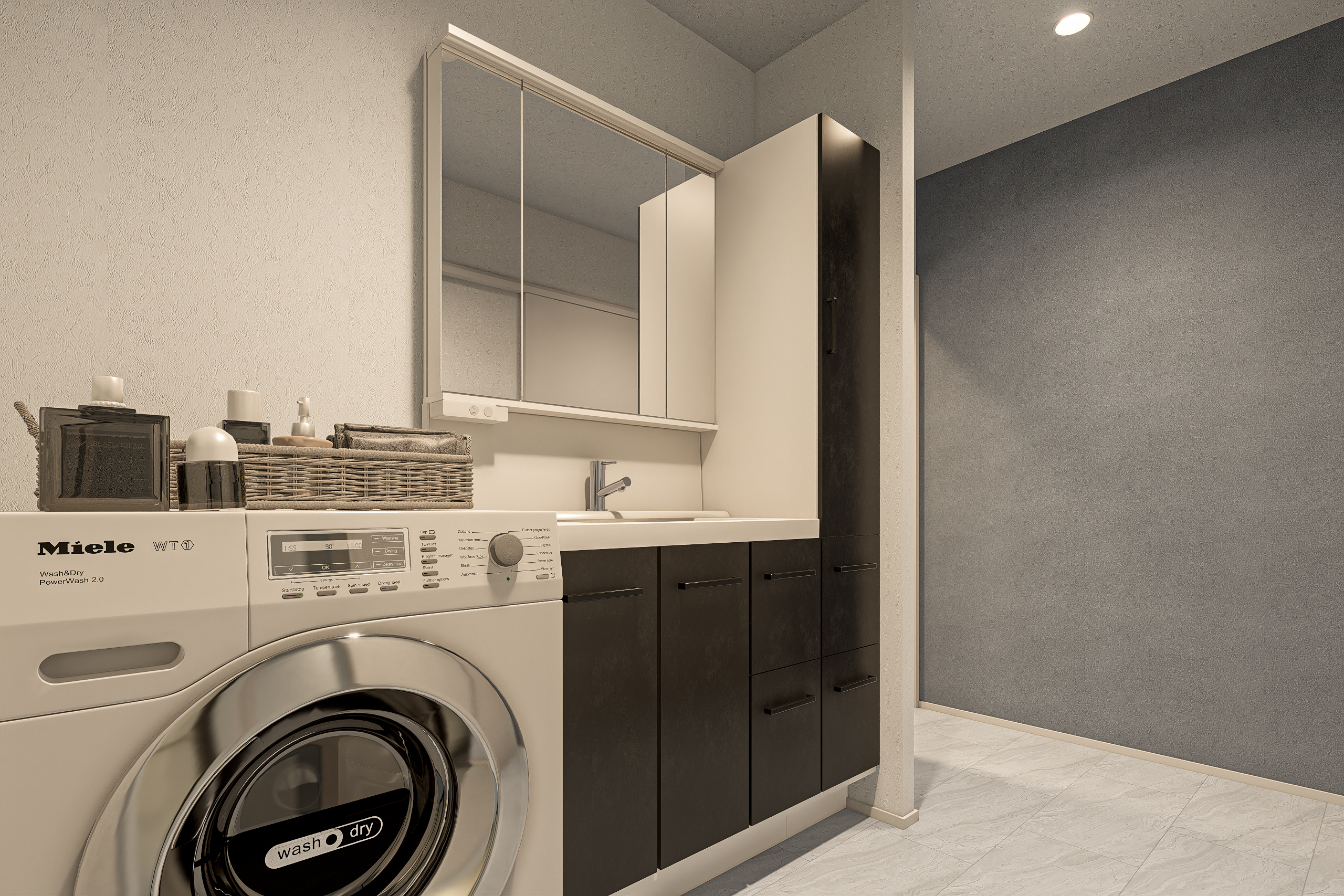 T-2／人工大理石カウンターボウルやシャワー付き水洗は、毎日使ってもお手入れ簡単！メイクも捗るLED照明付き。