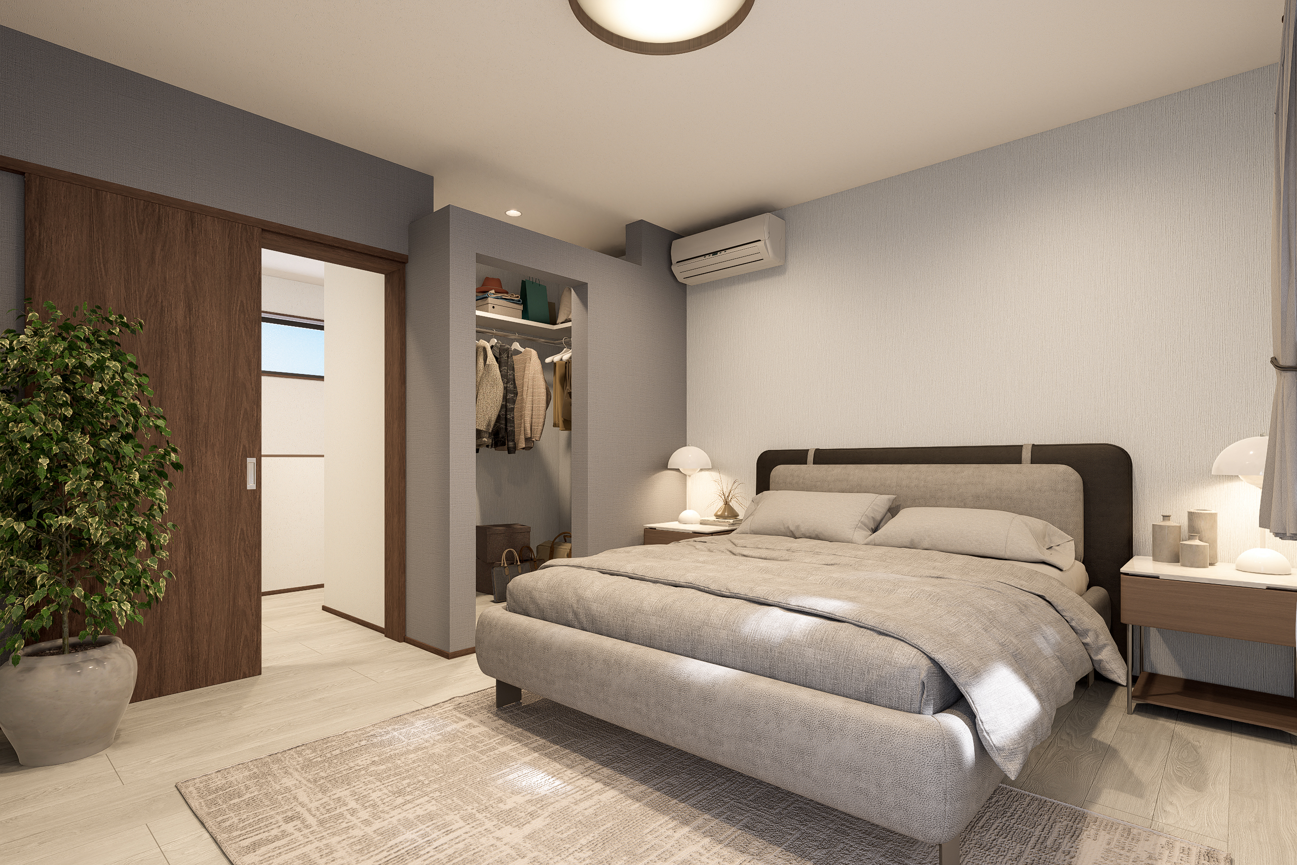 T-2/南向きで明るい主寝室はダブルベッドもゆったりと置ける広々9.0帖。ドアレスのWIC付き。