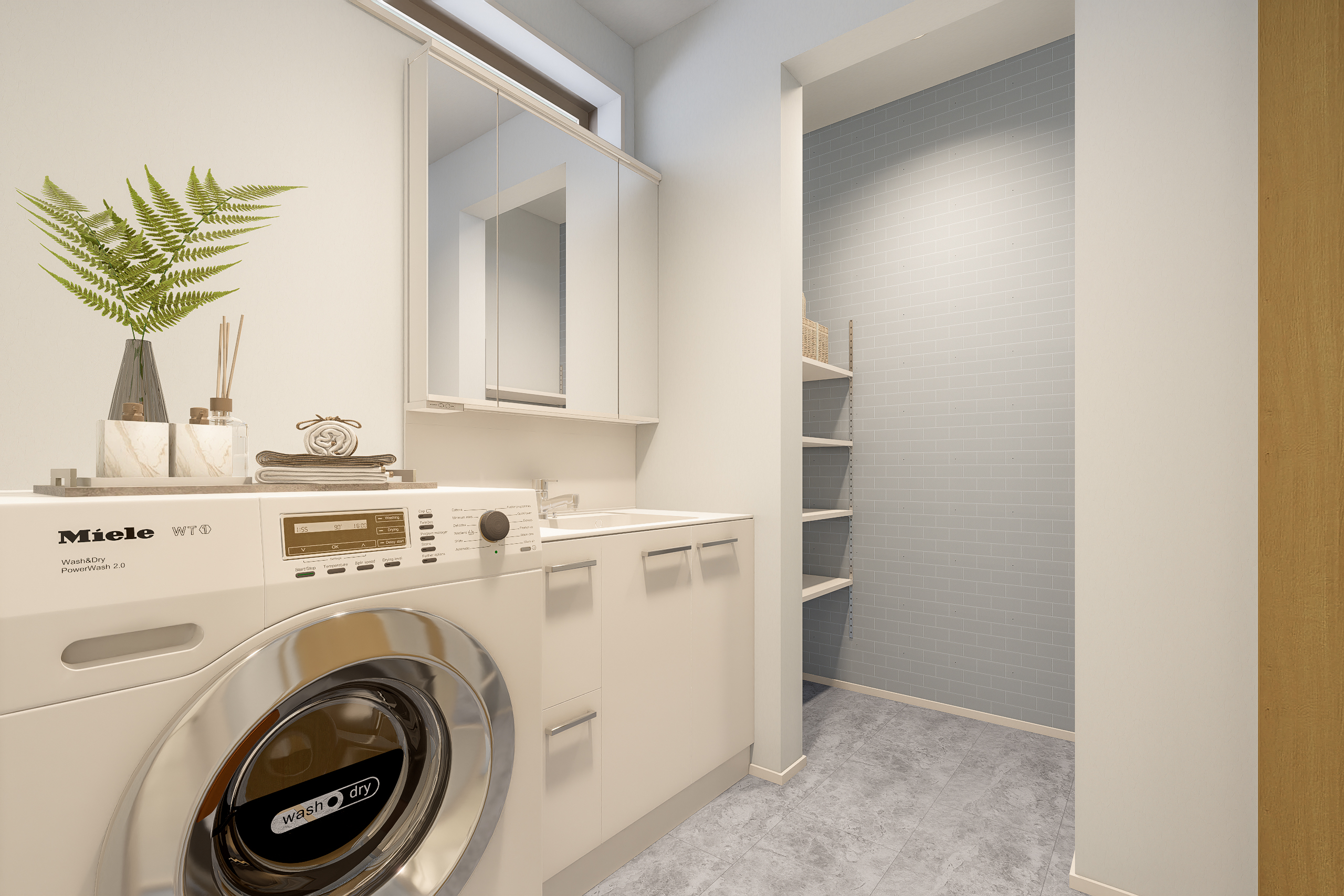 T-4／900幅のワイドな洗面台に洗濯機置き場、可動棚のある物入れ併設で広々＆スッキリな洗面脱衣室。