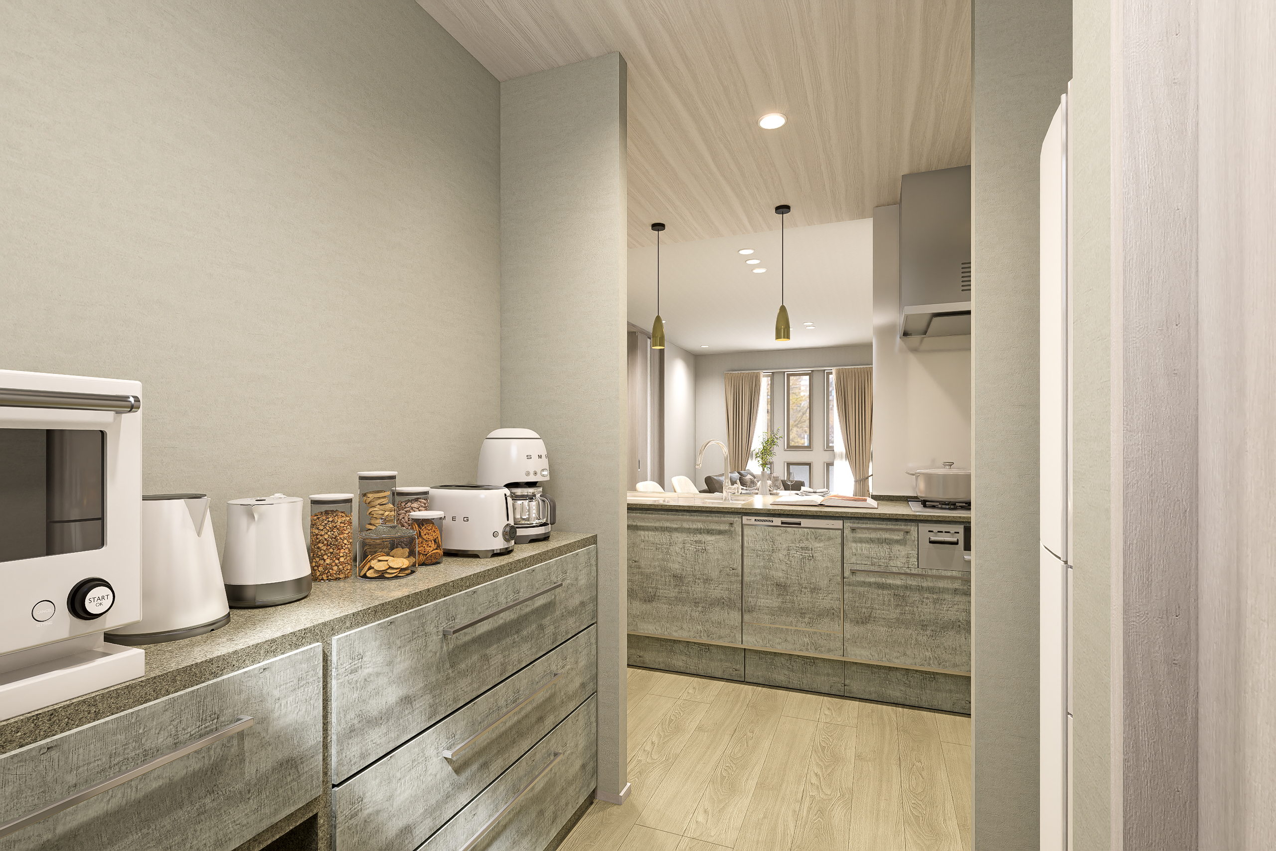 T-2／キッチン背面には広々としたパントリースペースが。カップボードや冷蔵庫がスッキリと収まります。