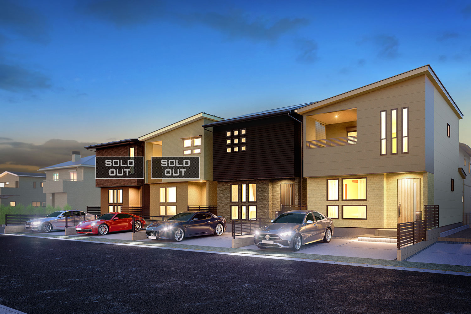 T-1（ご成約済み）、T-2（ご成約済み）、T-3、T-4／夜間外観完成予想図