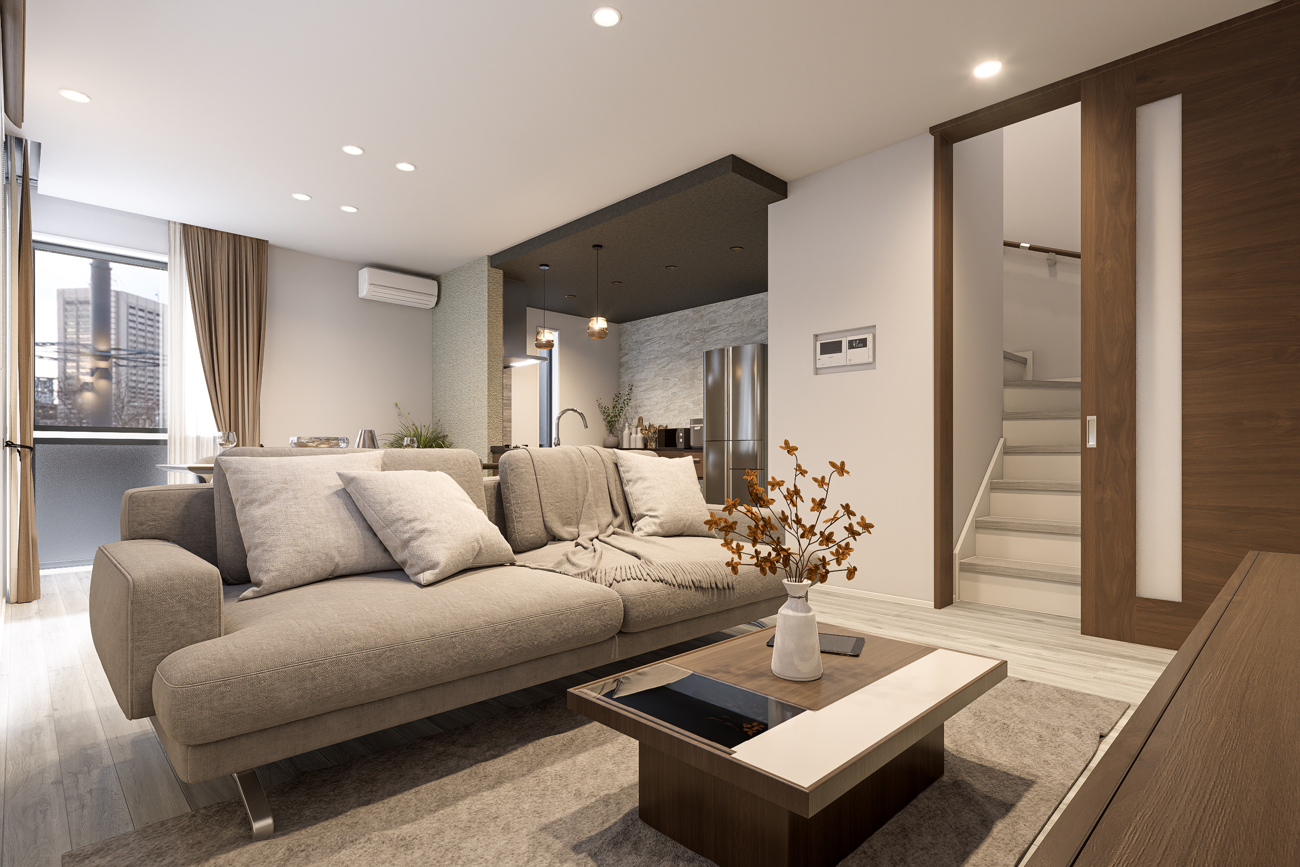 T-1／リビング階段には扉を設け、必要に応じて開閉することで冷暖房効率UP！プライベート空間の目隠しにも。