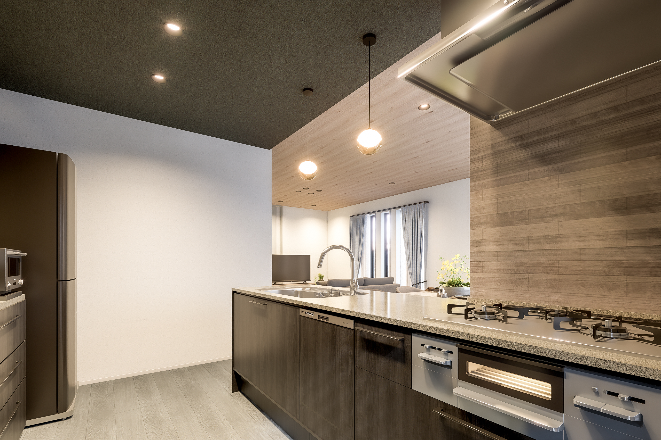 T-1/豊かな表情の美しいフィオレストーンを使用したキッチン。物入れ&勝手口付きで家事がスムーズに捗ります。