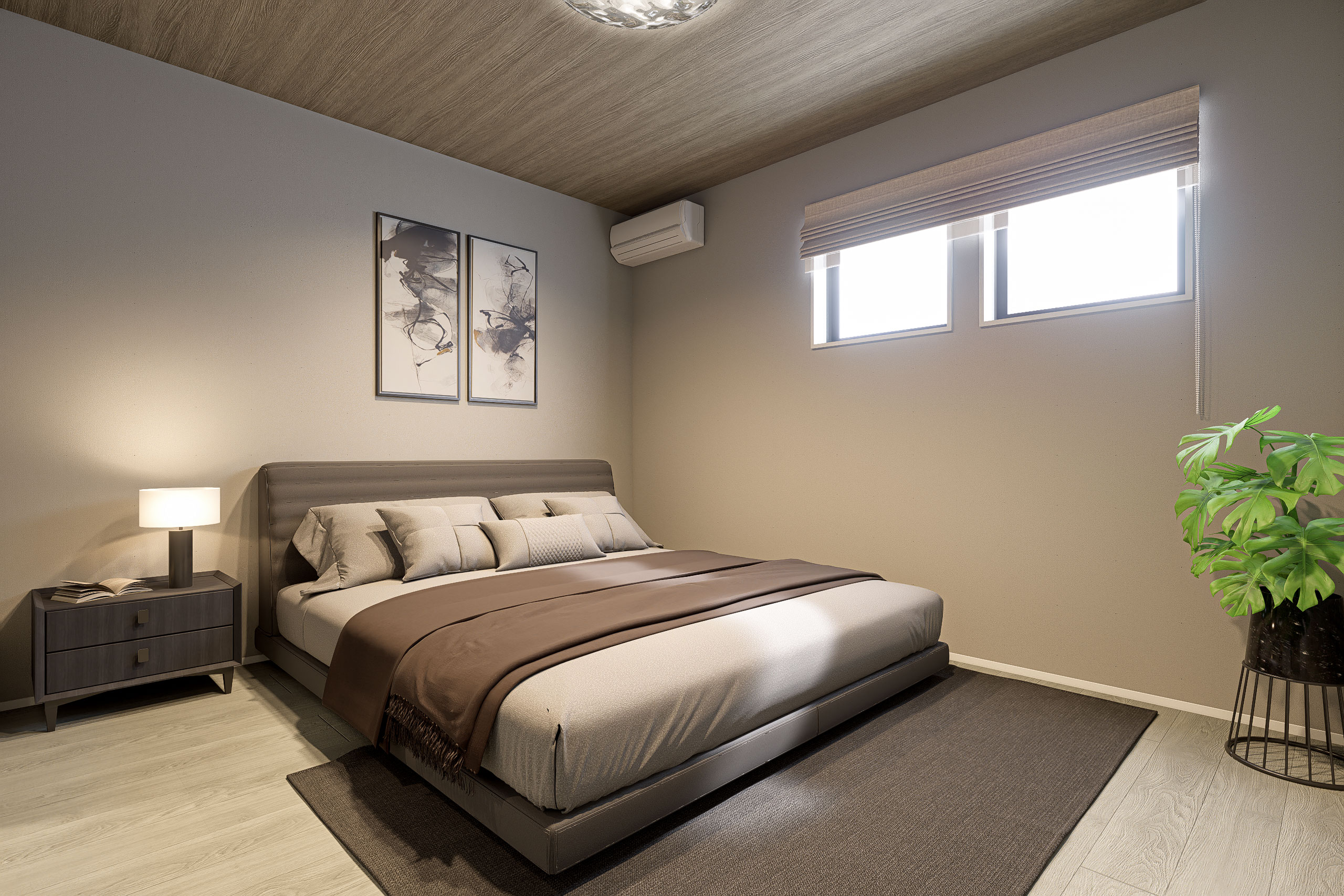 T-1/シックで洗練された印象に仕上げた主寝室は、夫婦2人の時間を紡ぐ大切な場所。1.5帖のWICを併設した快適空間。