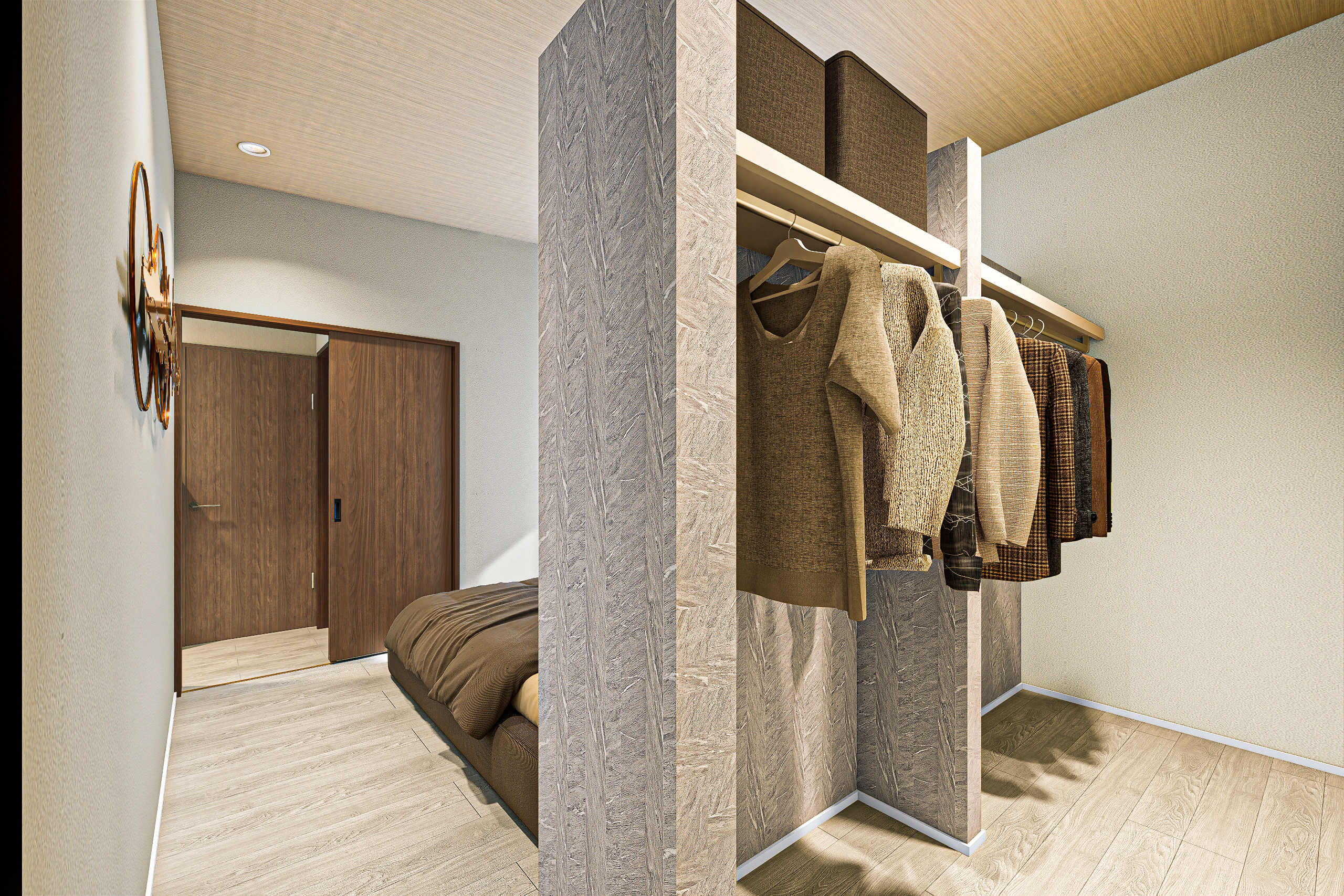 T-1/お気に入りの服を並べるだけで絵になる、上質な収納スペース。寝室へとひと続きの動線が、忙しい朝にもゆとりをもたらします。