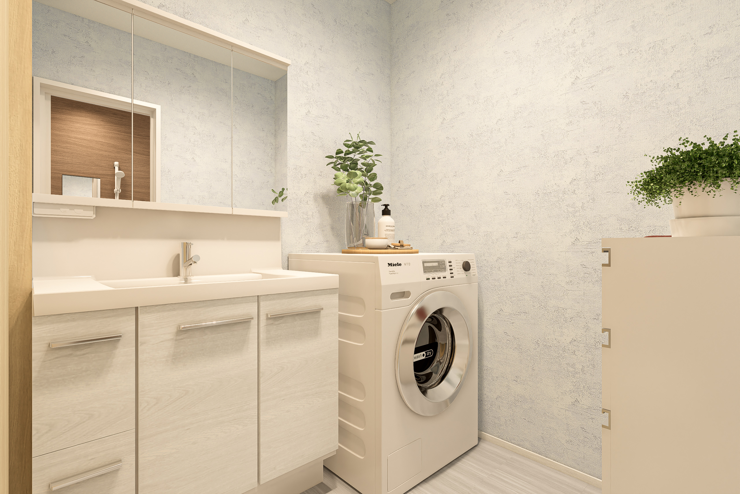 T-3/洗面脱衣室は清潔感のある爽やかな空間で、毎日気持ちよく利用できます。薄型ランドリーキャビネット付き。