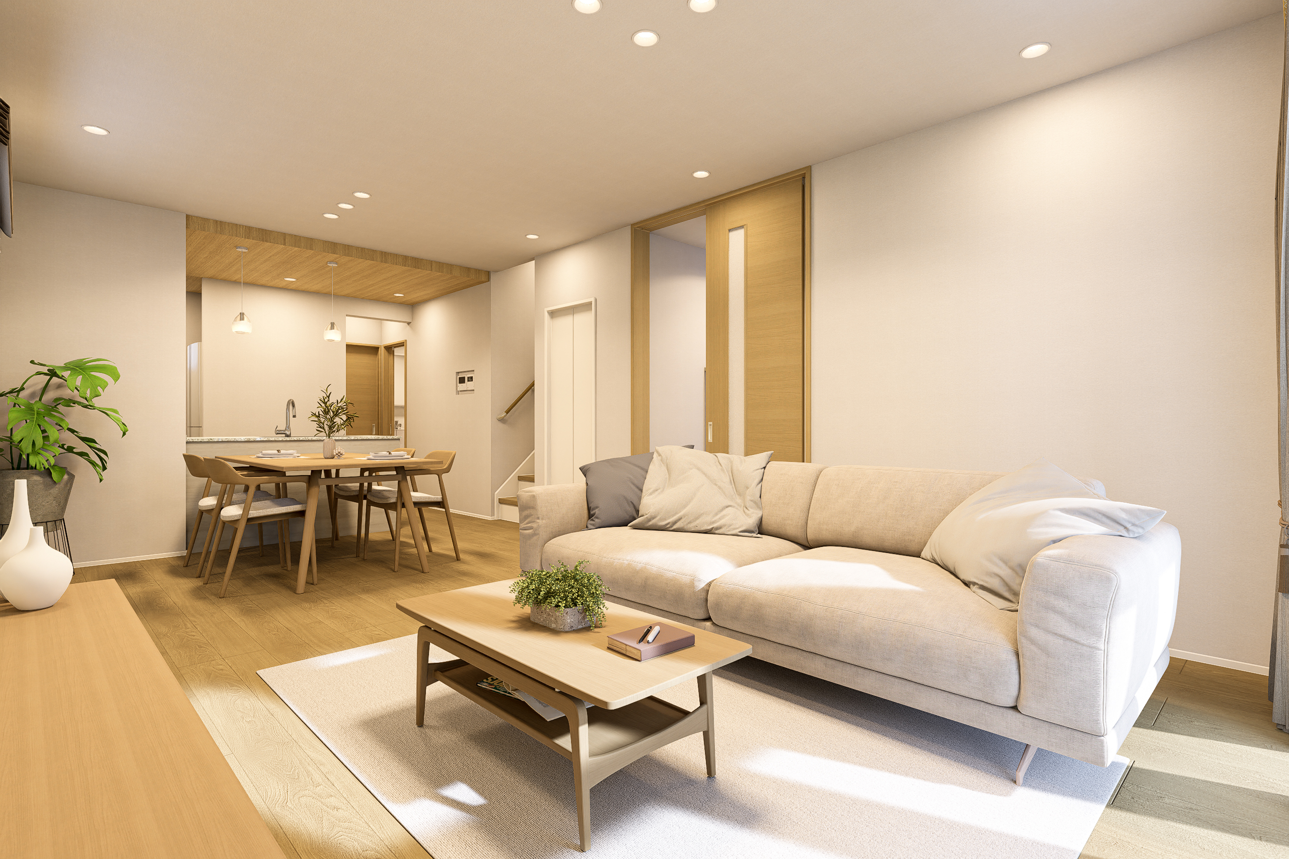 T-2/ナチュラルオークの優しい色合いに包まれる19.3帖の広々LDK。美しい木目が温かな雰囲気を醸し出します。