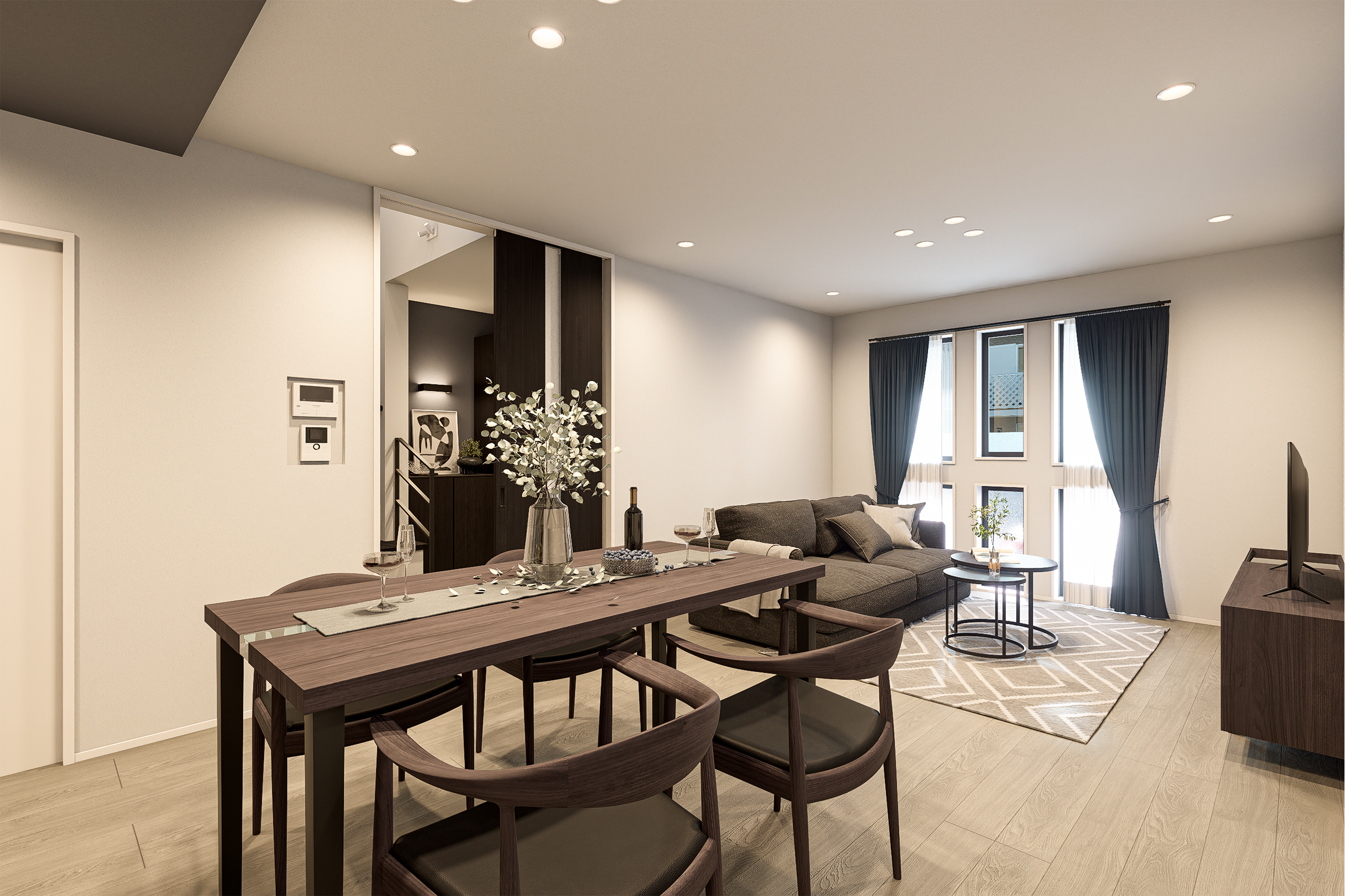 T-1／表情豊かな窓は断熱性・防露性に優れたアルミ樹脂複合の防火窓。心地よい天井高で抜けるような開放感が。