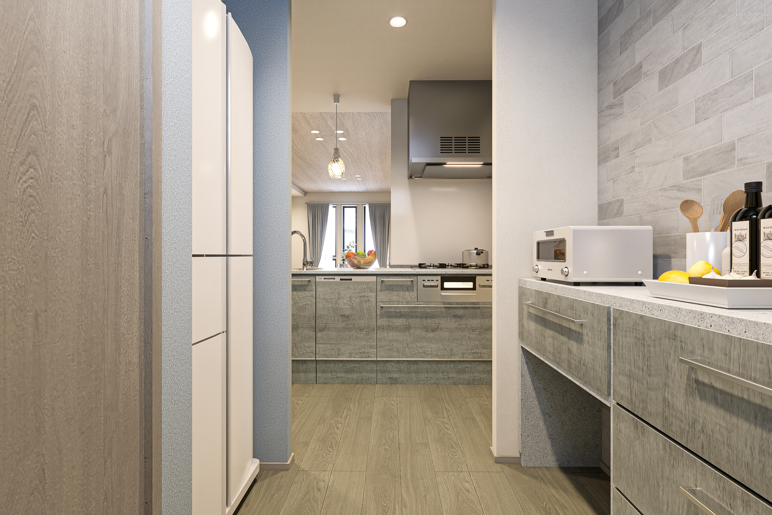 T-3/収納力で差がつく、機能的なキッチン空間。背面には冷蔵庫や棚を置くゆとりがあり、便利な物入も完備。