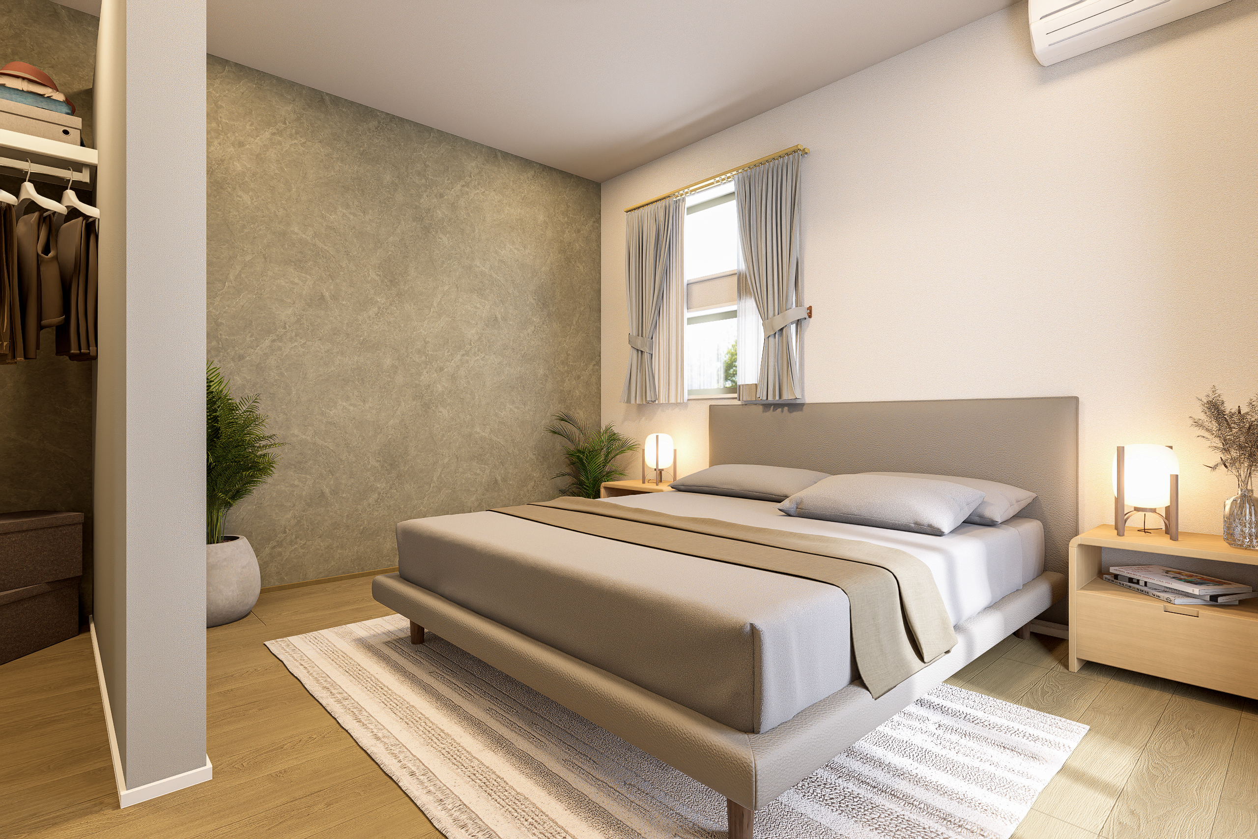 T-2/心地よさを取り込む開放的な主寝室。あえて扉を設けないWICが、空間をより広くスマートに演出します。