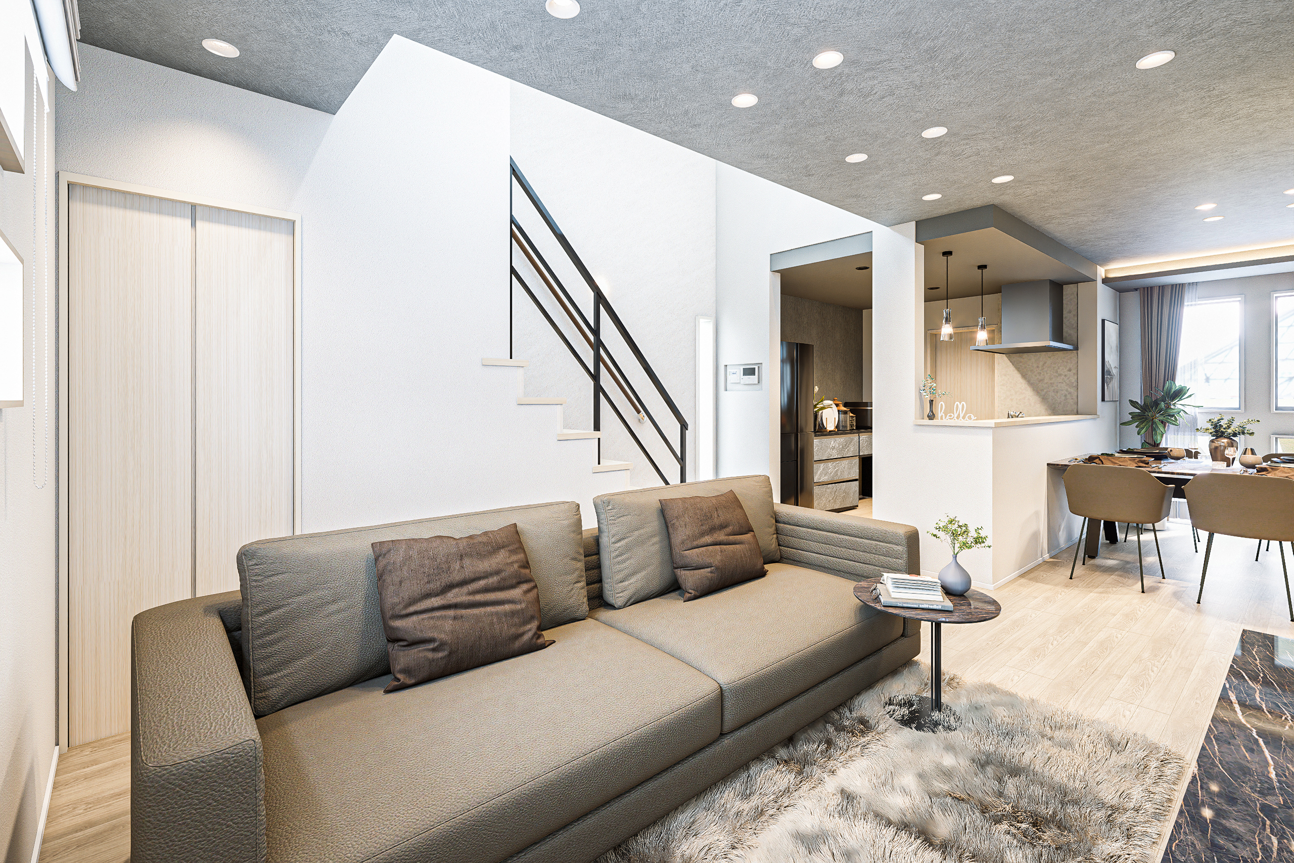 T-1/くつろぎと洗練がひとつになったリビング。柔らかな光と落ち着いた色合いが、暮らしに上質な余白を生み出します。