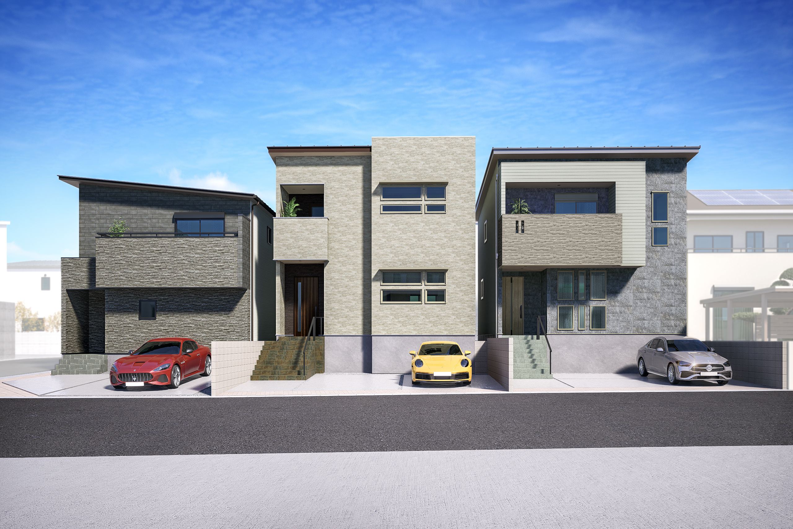 T-3(ご成約済み)、T-2、T-1/スタイリッシュ&エレガントな住まい仕様で暮らしが華やぐ高性能住宅。※完成イメージとなります。