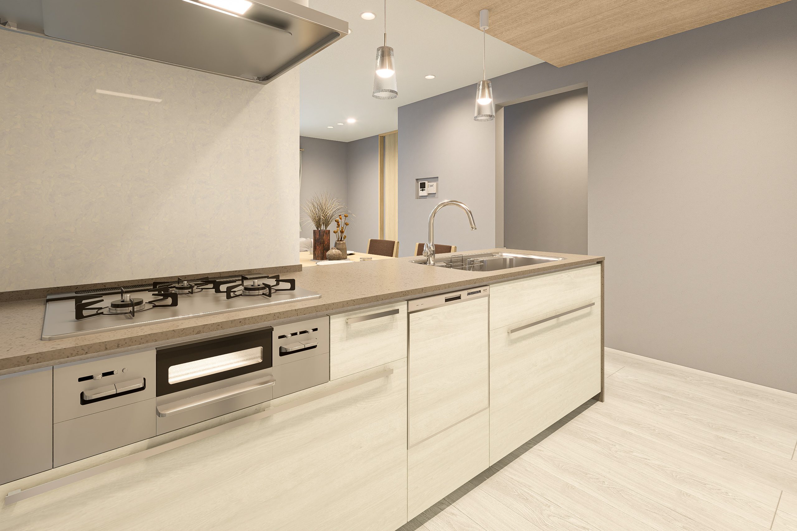 T-3/オートミールのような柔らかで温かみのあるカラーのキッチン。お手入れもサッと拭くだけで家事も楽々!