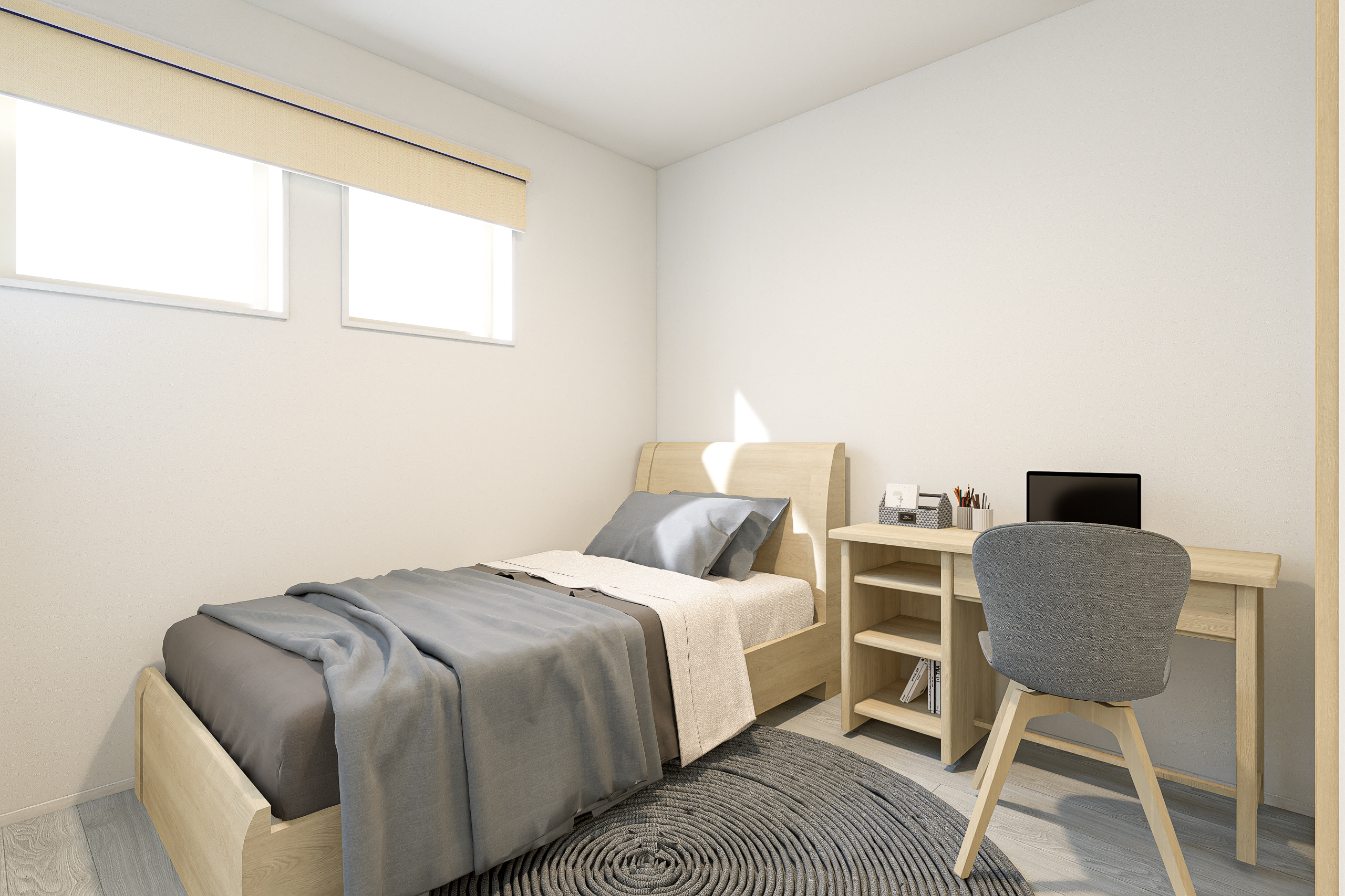T-3/静かで心地よい空間で、勉強や読書に集中できる落ち着いた空間仕様。軽やかな色調が心に余白を与えます。