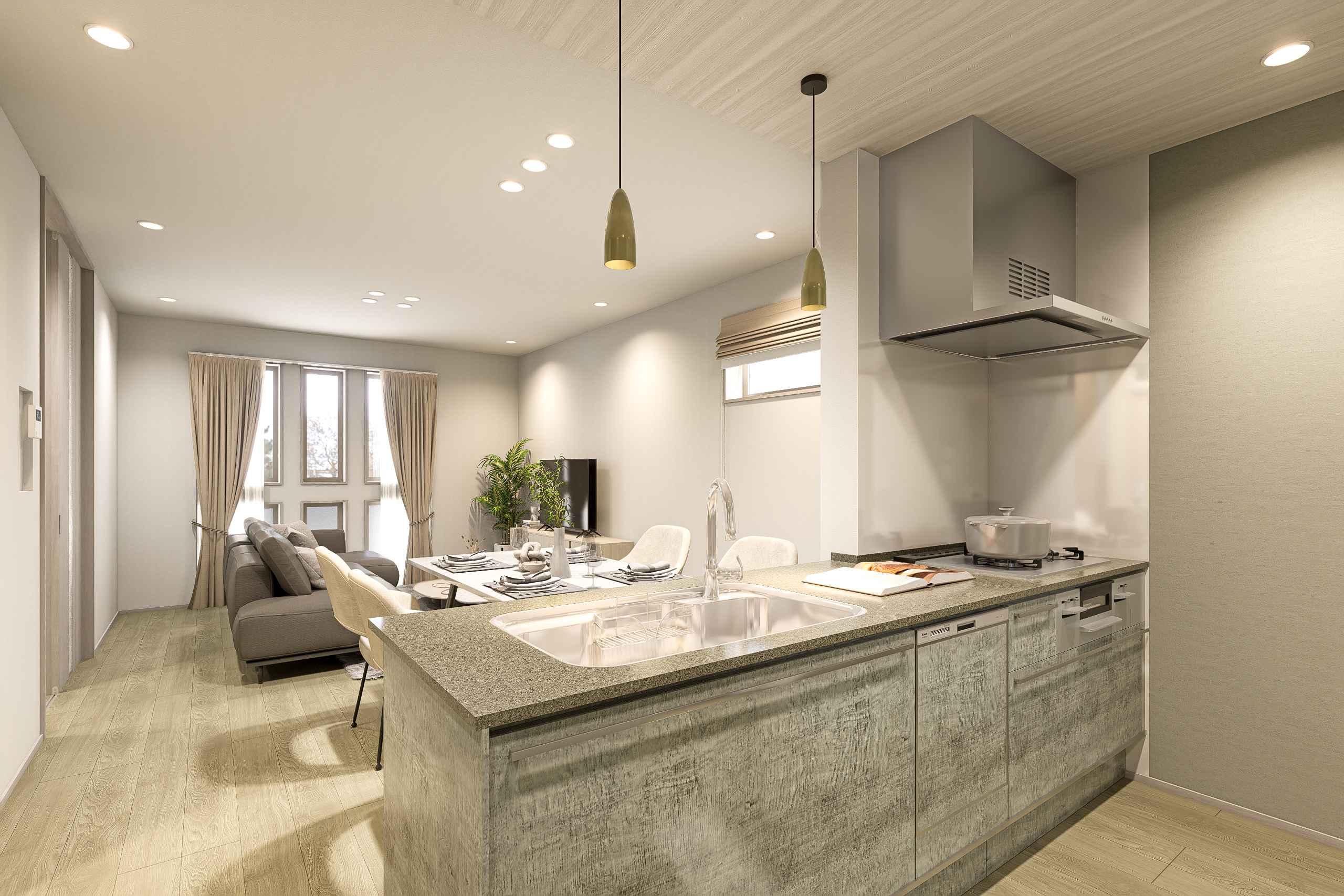 T-2／クリナップのキッチンは質感豊かな人造大理石のワークトップに静音シンクや浄水器を標準装備した快適仕様。