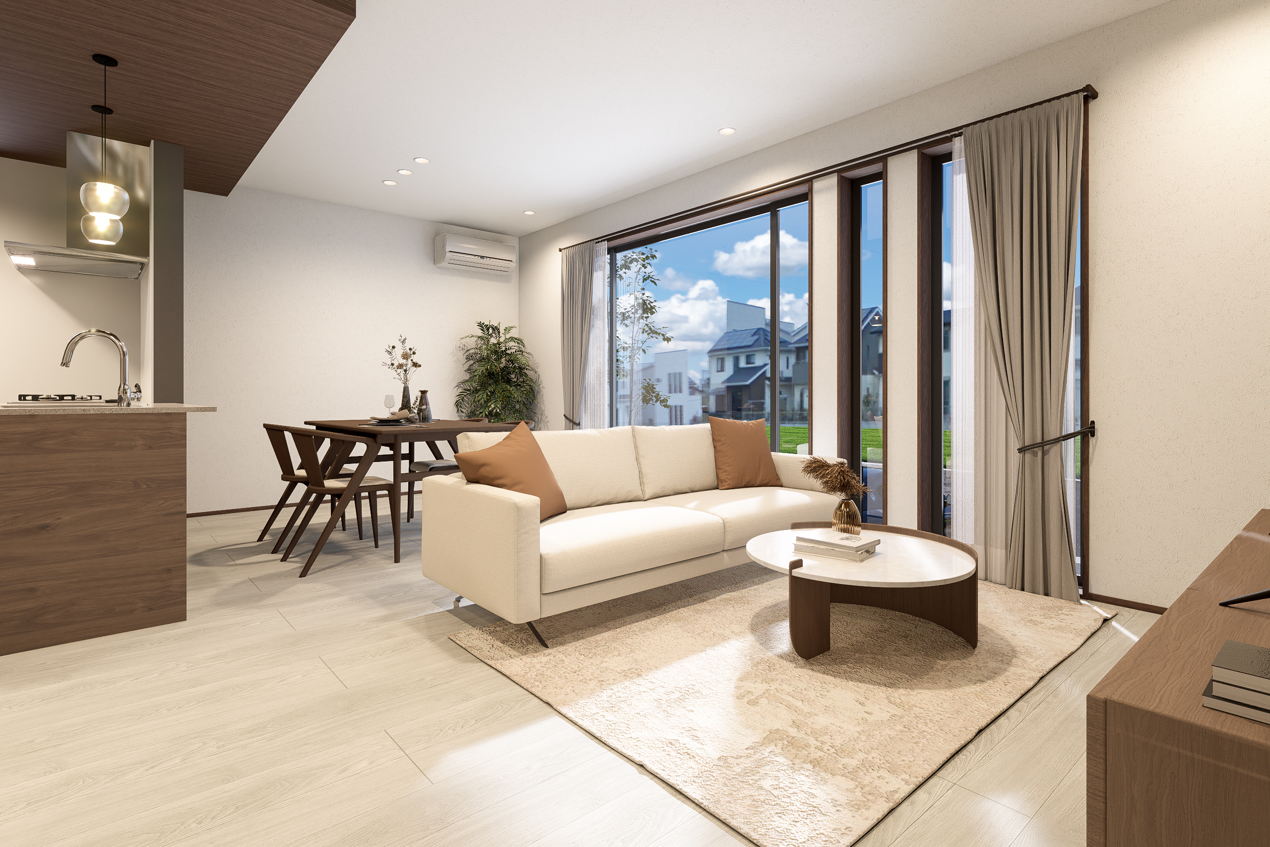 T-2/淡いカラーのフローリングとショコラブラウンのコントラストが柔らかでナチュラルな空間を創出。