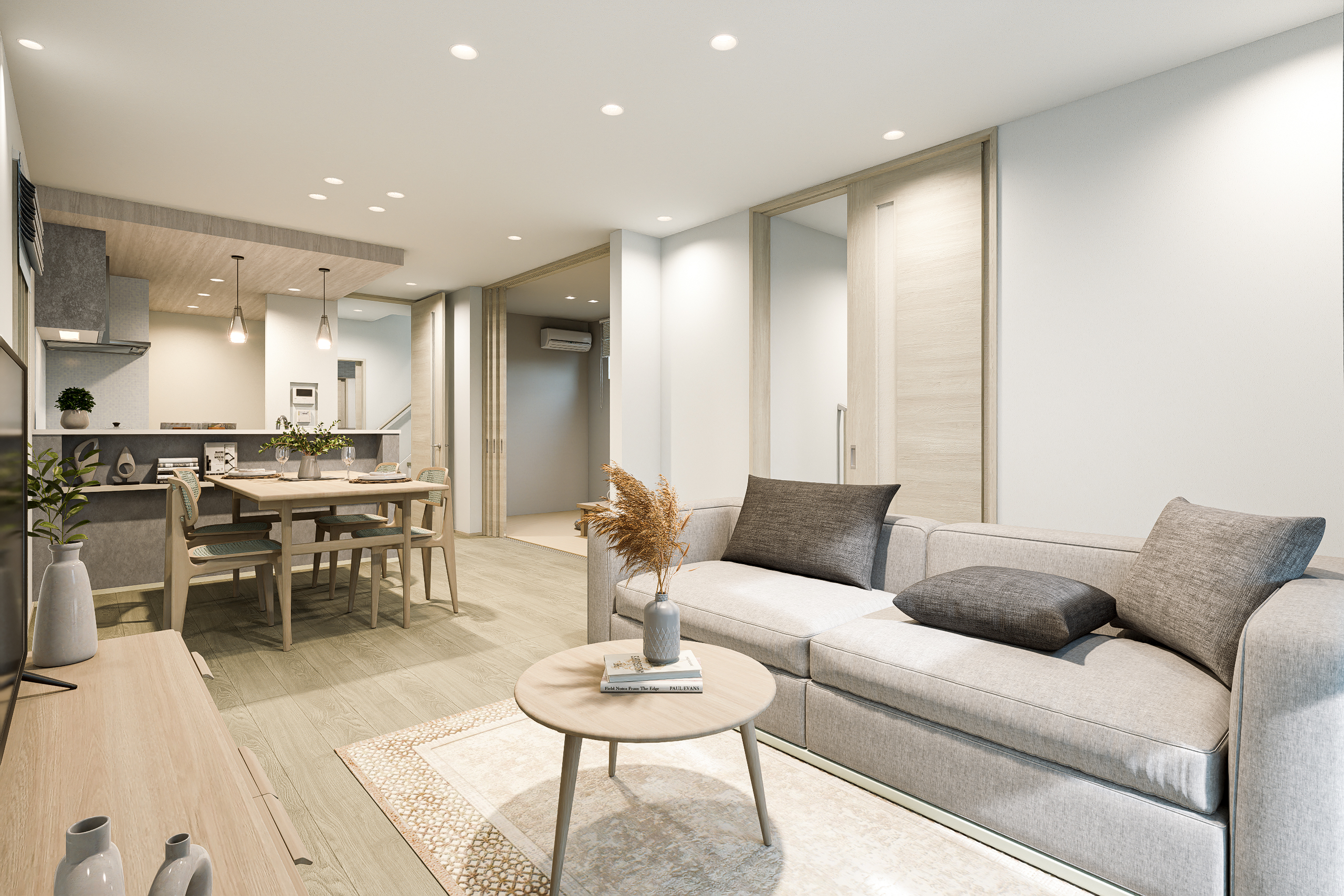 T-4／淡いグレージュカラー×広々空間が織りなす圧巻の開放感。さらに和室が隣接しているので居心地の良さがUP！