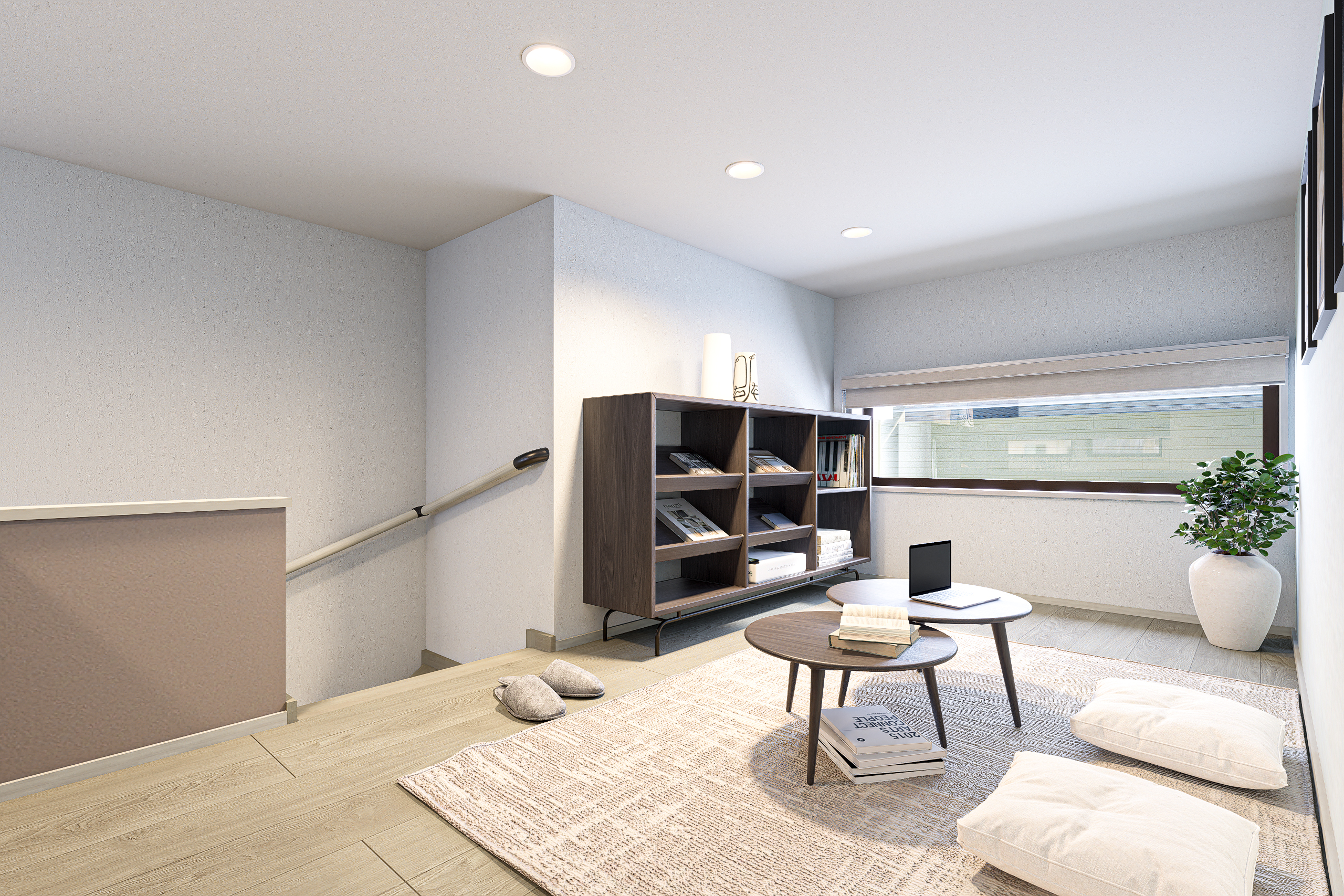 T-2/階段を上がると広がる、心をそっとほどく小さなフリースペース。床に近いくつろぎが、家族それぞれの穏やかな時間を育ててくれます。
