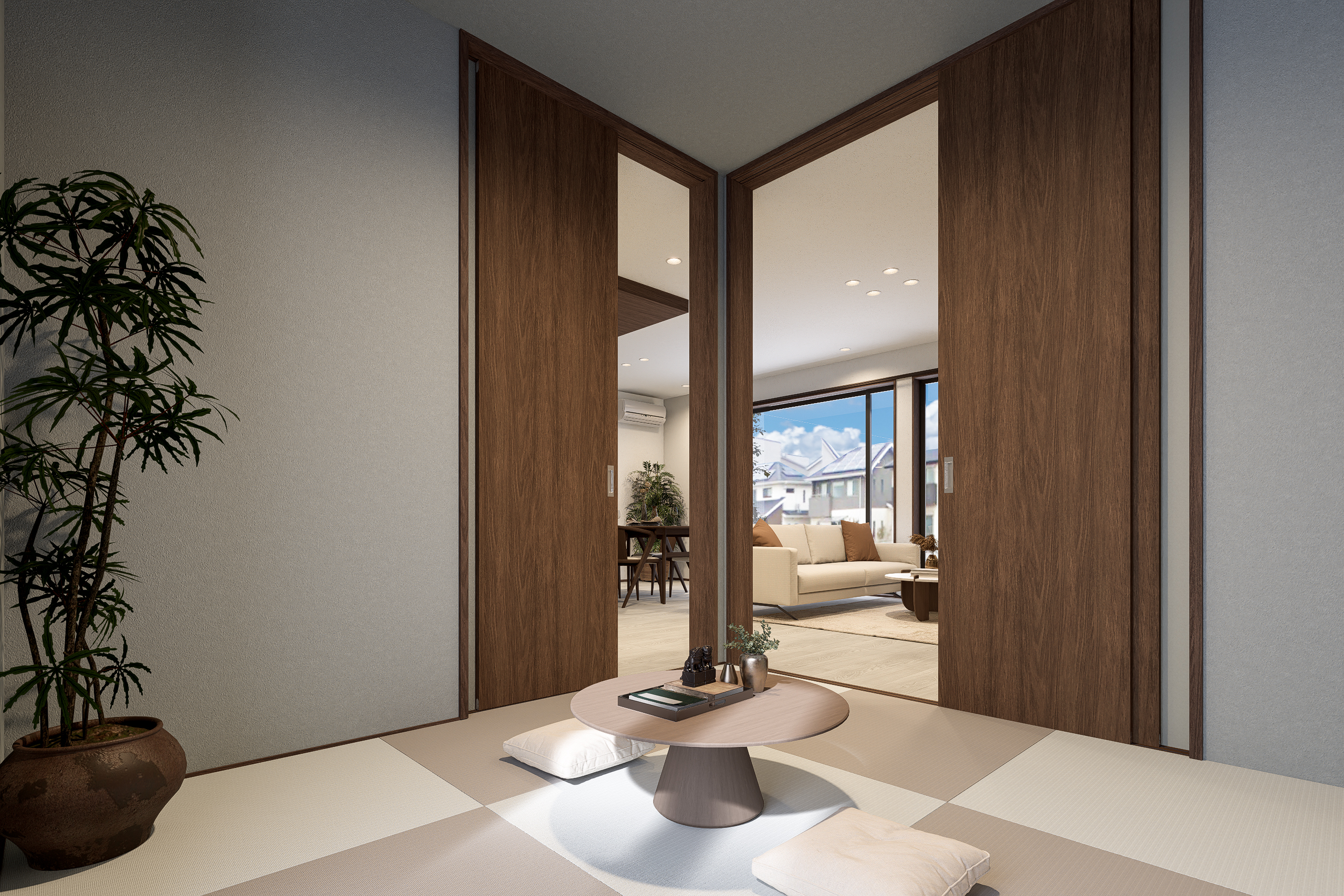 T-2/灰桜色のへりなし畳がスタイリッシュな和室は、2面から出入りできるからリビングとの一体感も感じられます。