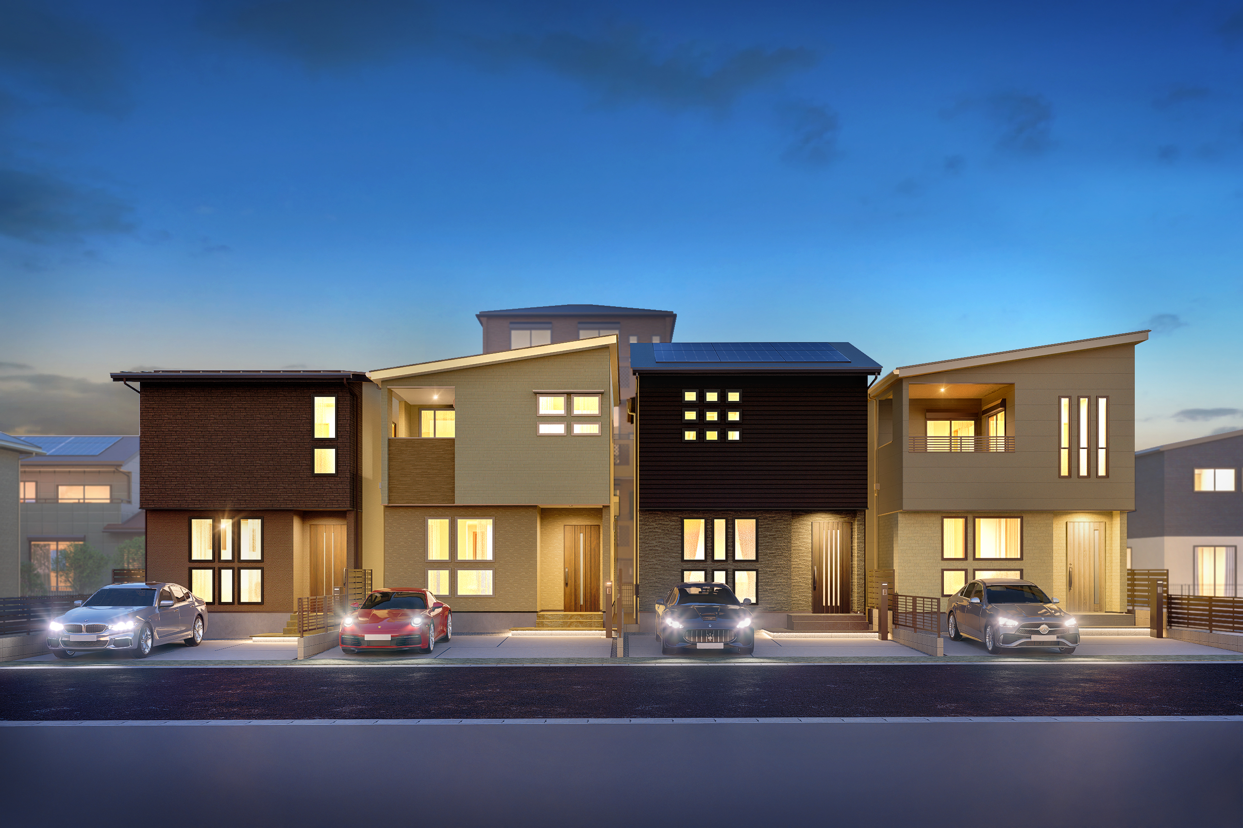 T-1、T-2（申し込み）、T-3、T-4／夜間外観完成予想図